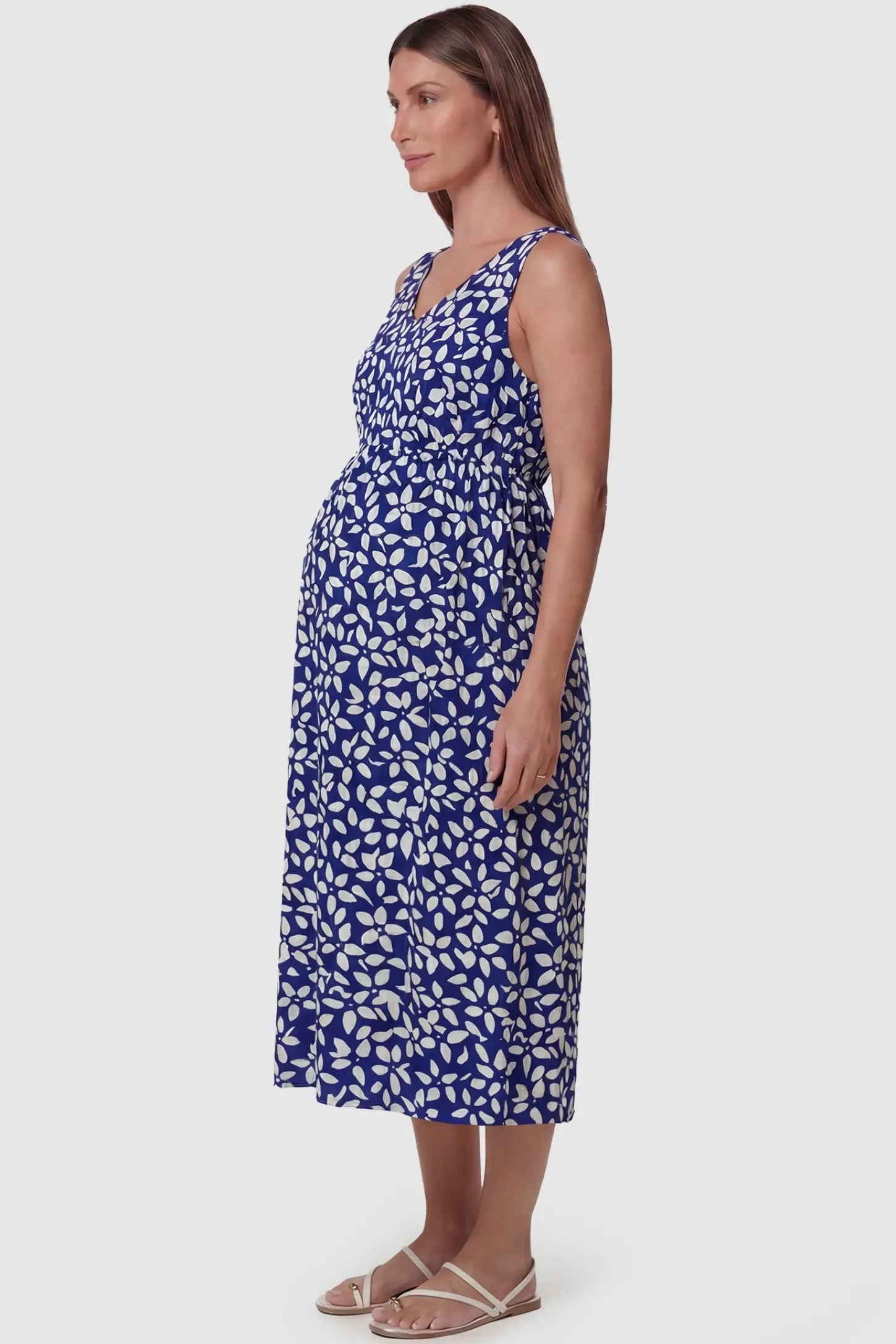 Built-in Pocket Floral Maternity Summer Dress in Blue featuring functional side pockets on a pregnant model side profile.