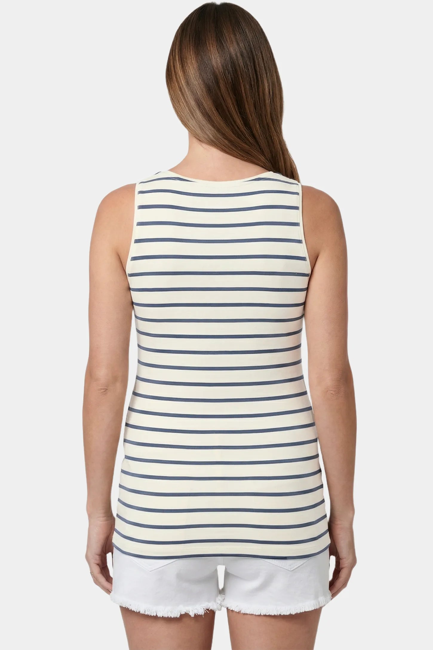 Concealed Nursing Opening Sleeveless Maternity & Nursing Top Concealed Nursing Opening Sleeveless Maternity & Nursing Top in Blue and White Stripes featuring a sleeveless cut shown in back view on a pregnant model.