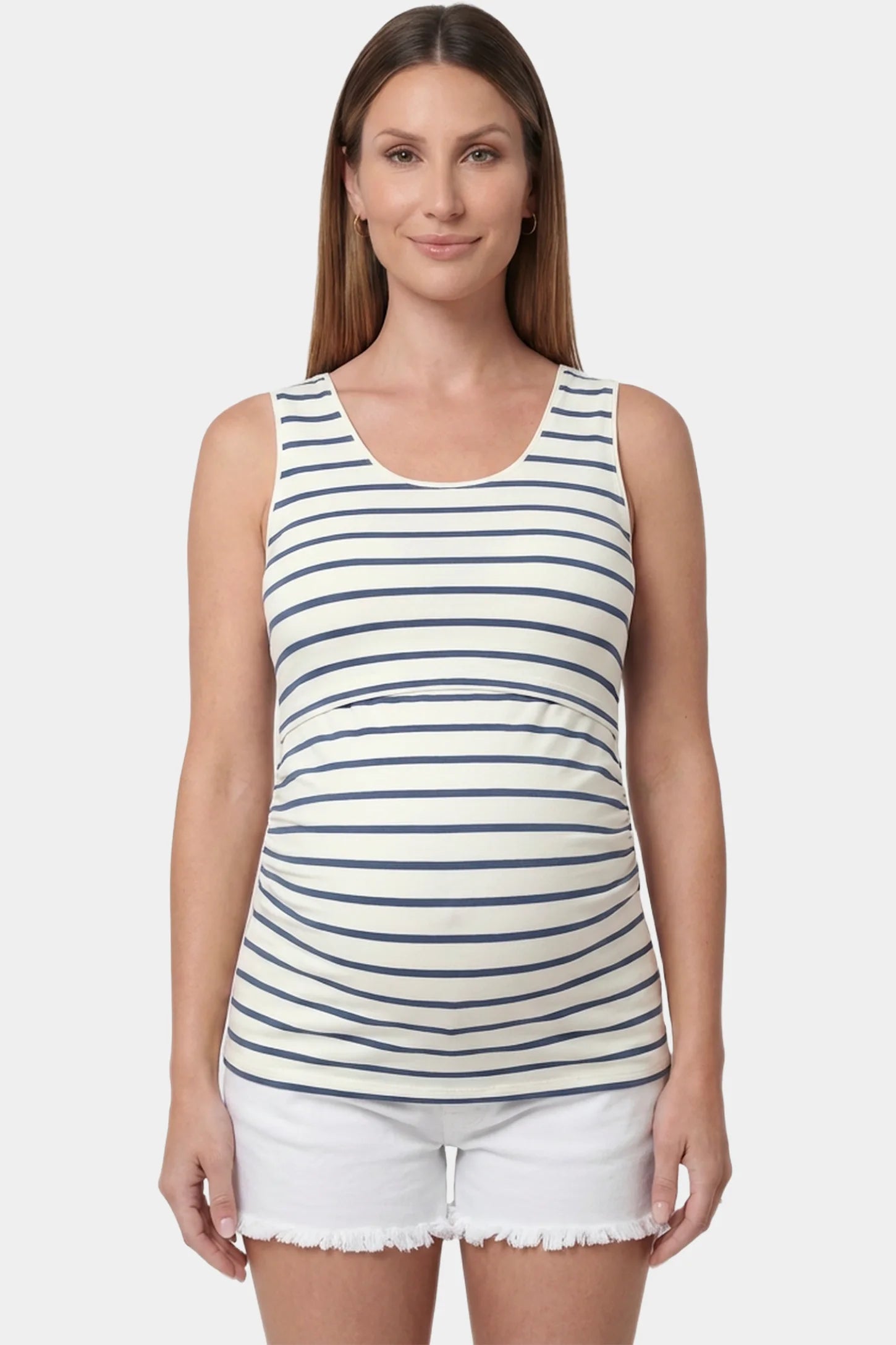 Concealed Nursing Opening Sleeveless Maternity & Nursing Top Concealed Nursing Opening Sleeveless Maternity & Nursing Top in Blue and White Stripes featuring a sleeveless cut and hidden nursing access shown in front view on a pregnant model.