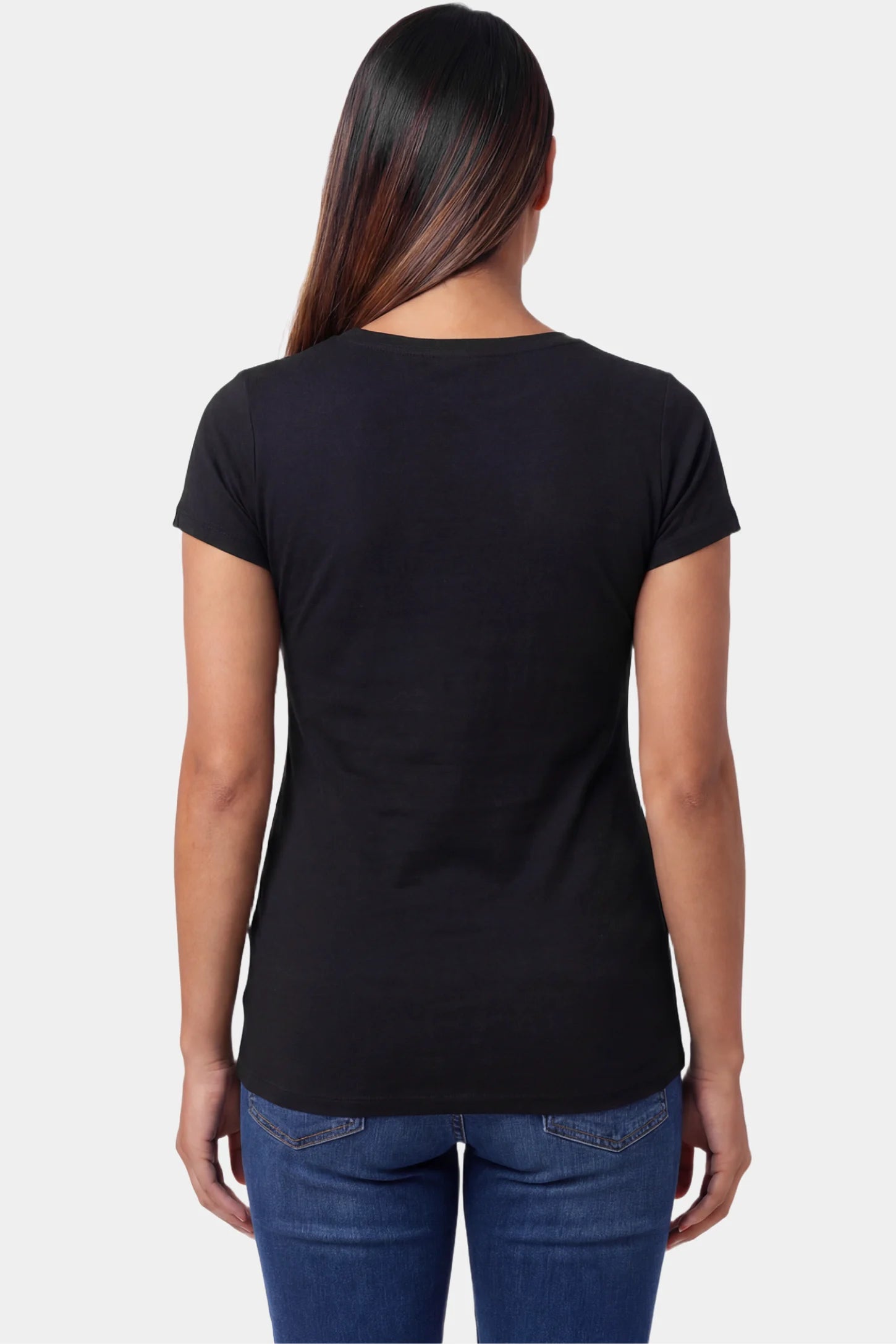 Slim Fit V-Neck Short Sleeve Maternity Top Slim fit V-neck short sleeve maternity top in black featuring soft stretch fabric in back view on a pregnant model