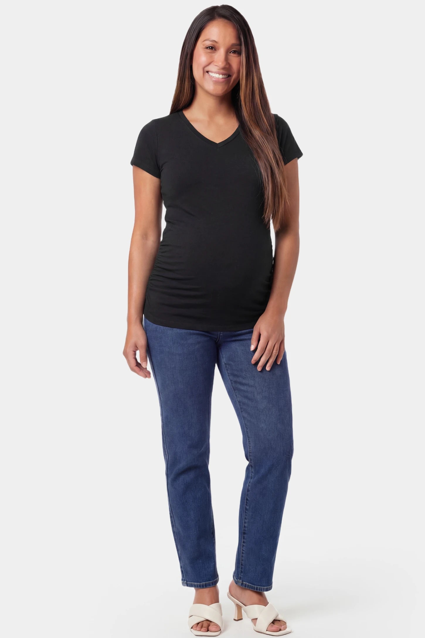 Slim Fit V-Neck Short Sleeve Maternity Top Slim fit V-neck short sleeve maternity top in black featuring soft stretch fabric in full body front view on a pregnant model