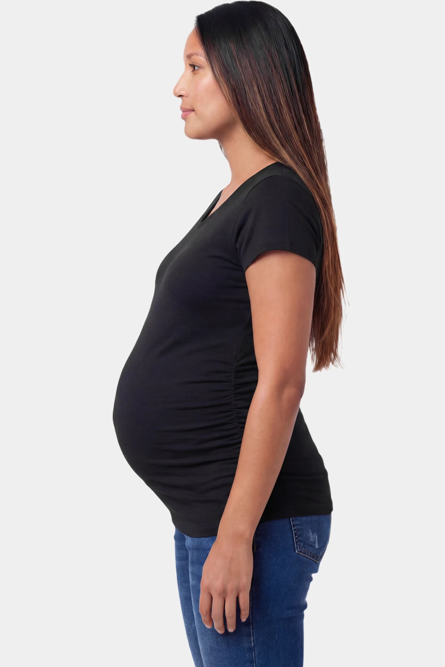 Slim Fit V-Neck Short Sleeve Maternity Top Slim fit V-neck short sleeve maternity top in black featuring soft stretch fabric in side view on a pregnant model