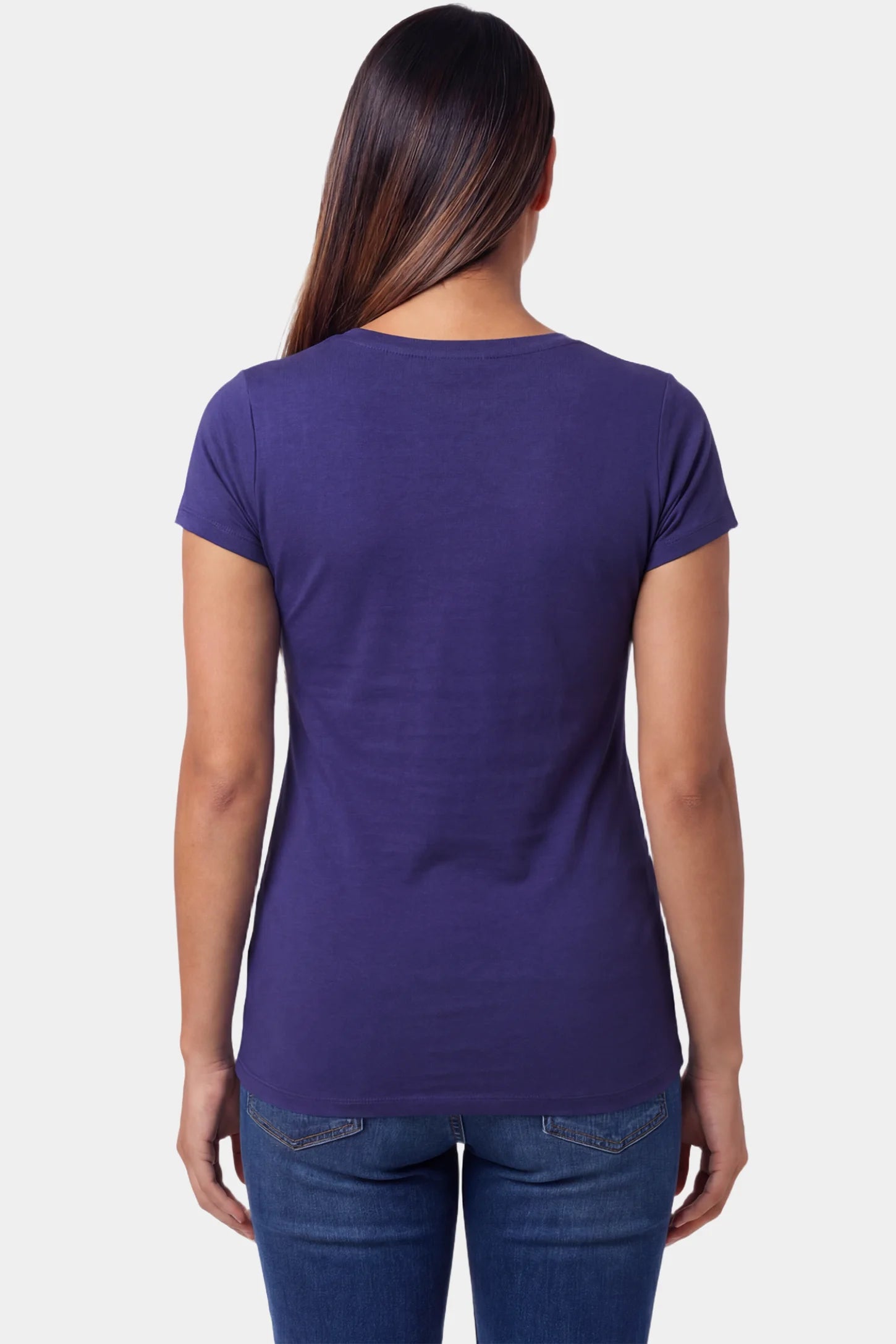 Slim Fit V-Neck Short Sleeve Maternity Top Slim fit V-neck short sleeve maternity top in dark blue featuring soft stretch fabric in back view on a pregnant model