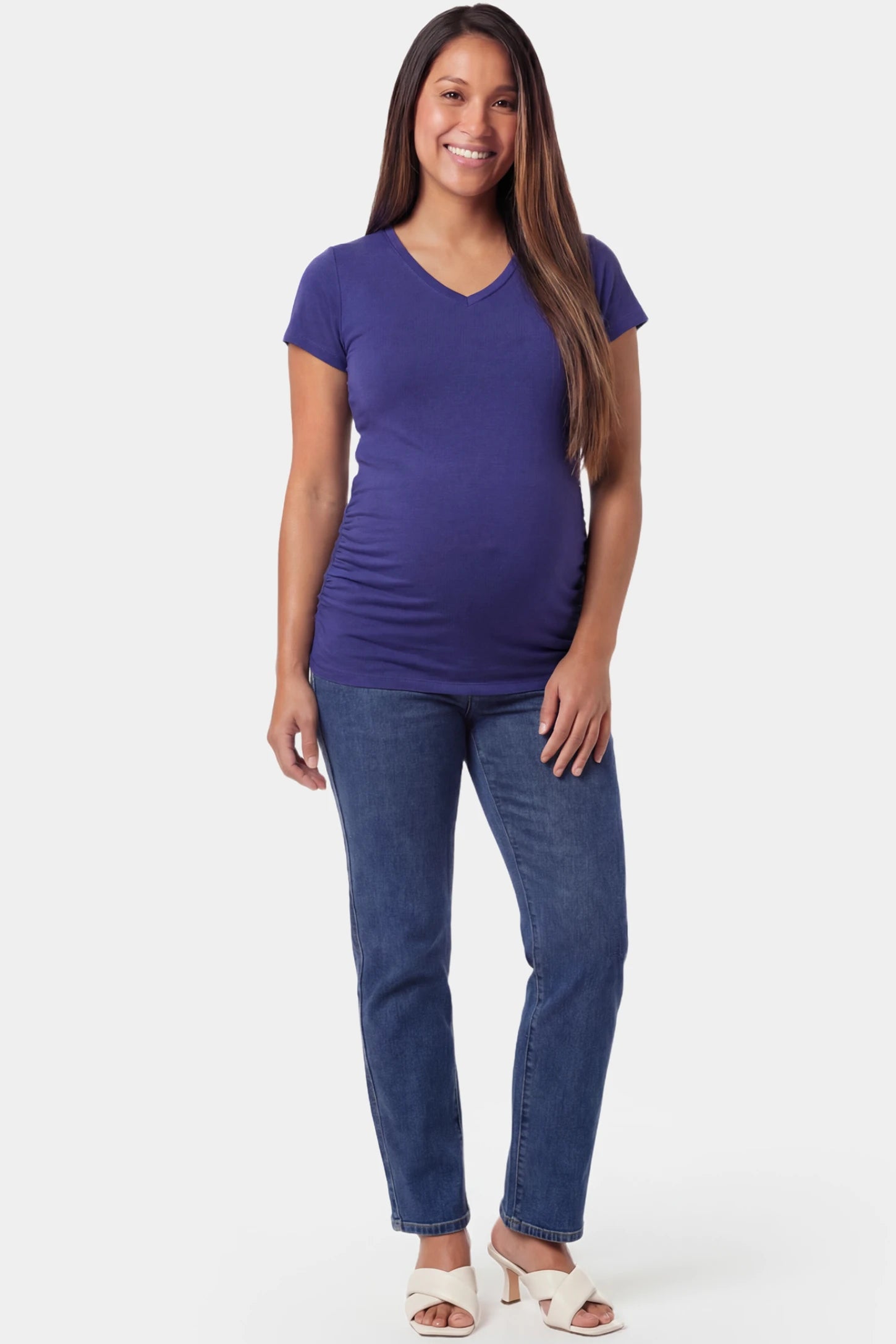 Slim Fit V-Neck Short Sleeve Maternity Top Slim fit V-neck short sleeve maternity top in dark blue featuring soft stretch fabric in full body front view on a pregnant model