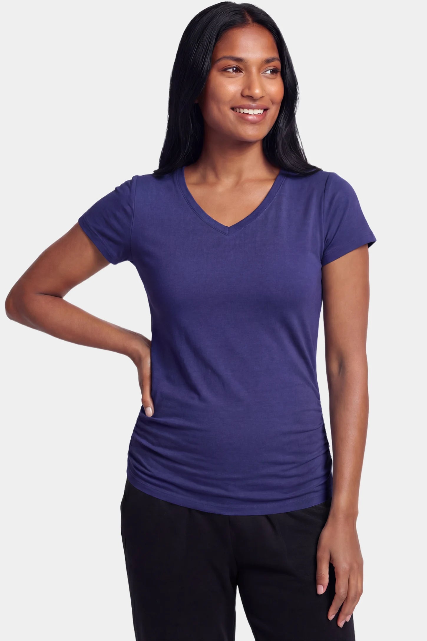 Slim Fit V-Neck Short Sleeve Maternity Top Slim fit V-neck short sleeve maternity top in dark blue featuring soft stretch fabric in front view on a postpartum model