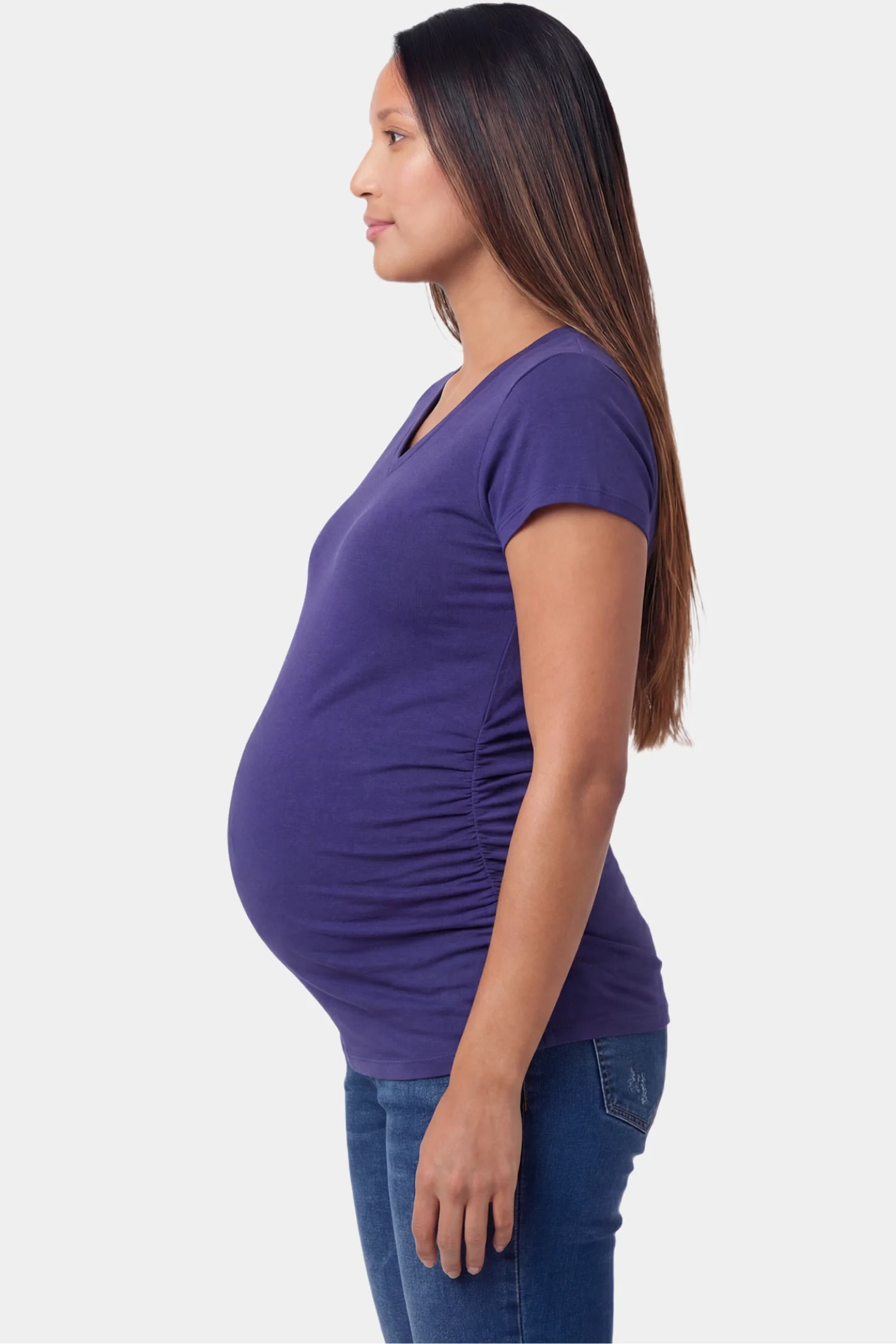 Slim Fit V-Neck Short Sleeve Maternity Top Slim fit V-neck short sleeve maternity top in dark blue featuring soft stretch fabric in side view on a pregnant model