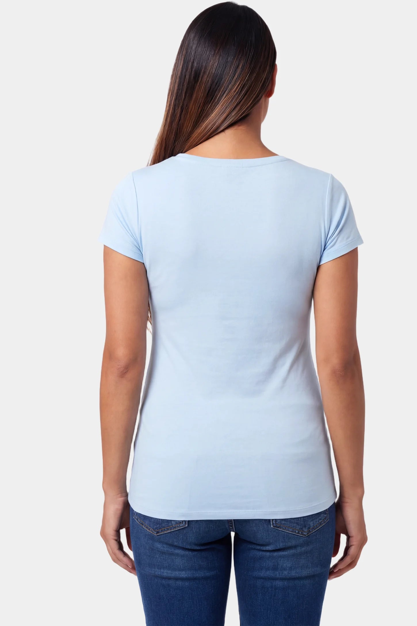 Slim Fit V-Neck Short Sleeve Maternity Top Slim fit V-neck short sleeve maternity top in light blue featuring soft stretch fabric in back view on a pregnant model