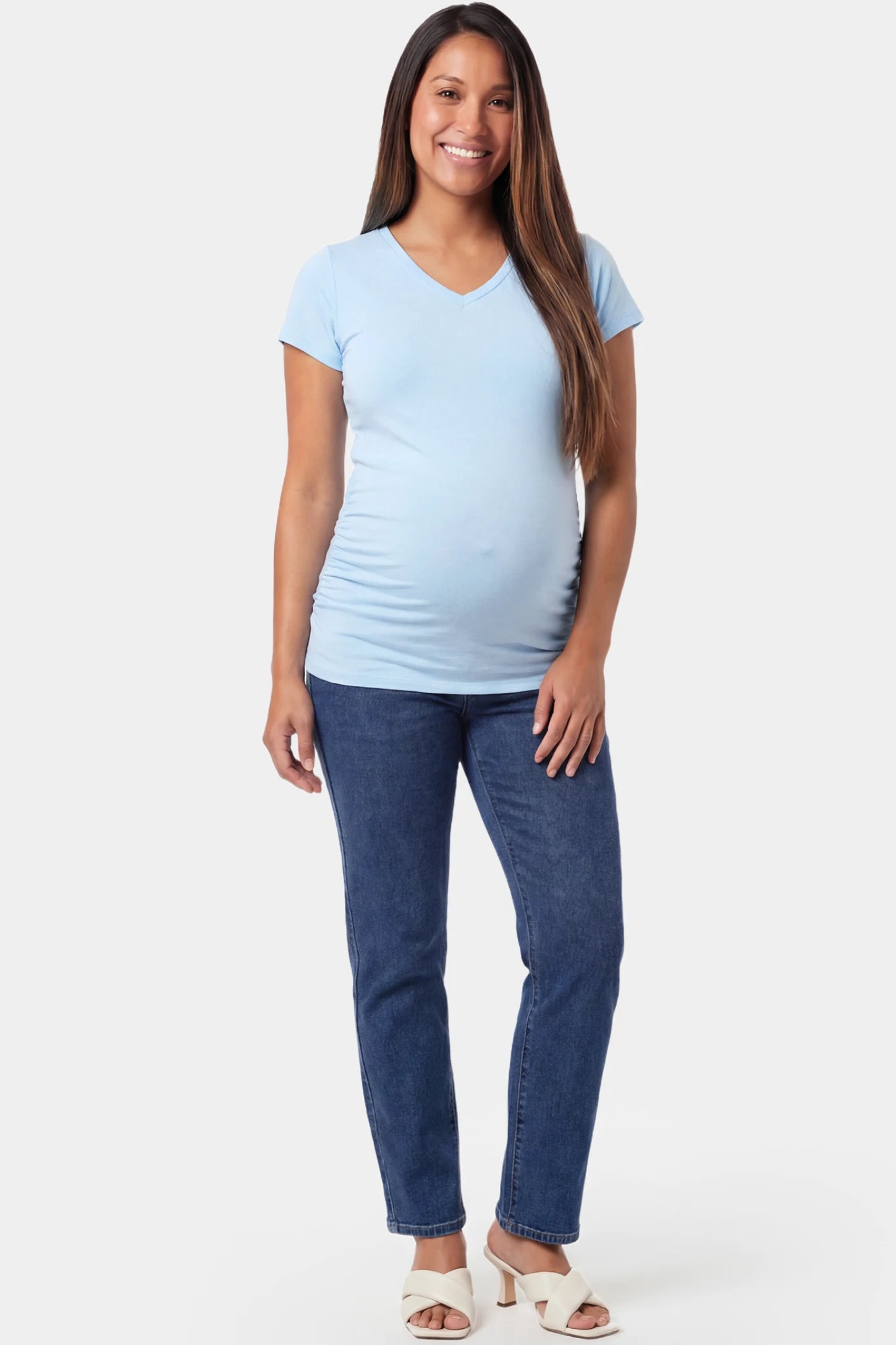 Slim Fit V-Neck Short Sleeve Maternity Top Slim fit V-neck short sleeve maternity top in light blue featuring soft stretch fabric in full body front view on a pregnant model