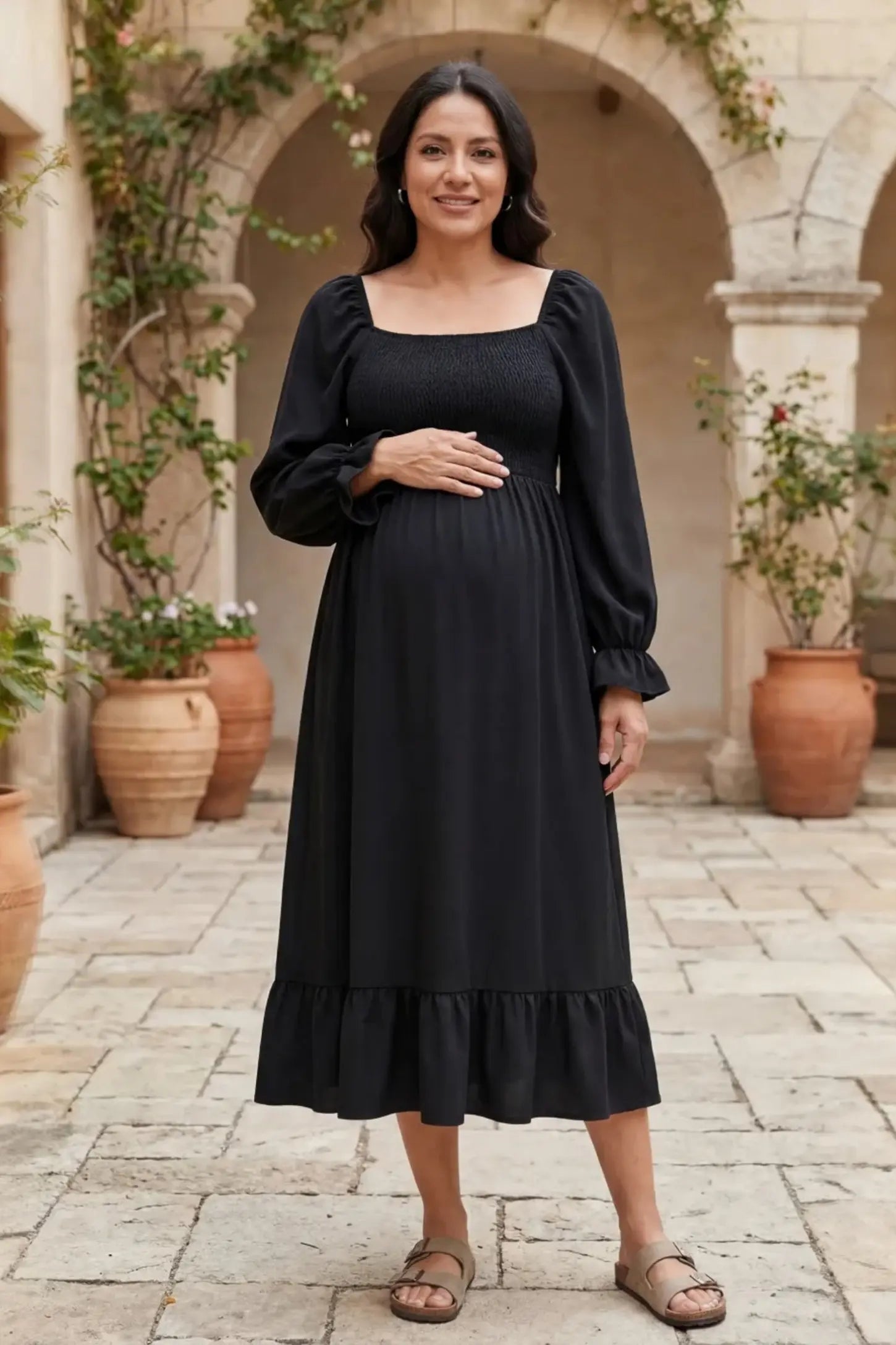 Smocked Square Neck Ruffle Hem Midi Maternity Dress Smocked square neck ruffle hem midi maternity dress in black with elegant ruffle hem detail, on editorial lifestyle model