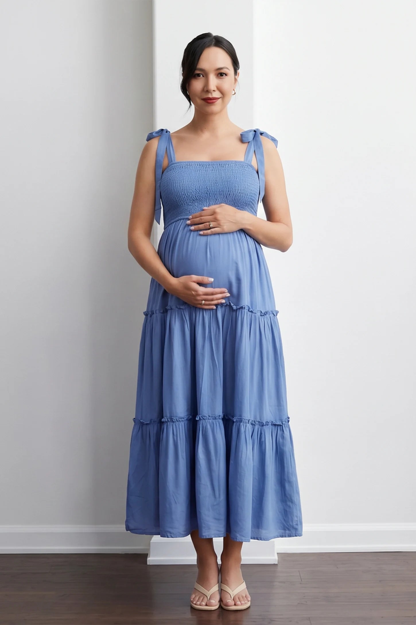 Smocked Square Neck Tiered Maternity Midi Dress Smocked square neck tiered maternity midi dress in blue with square neckline, smocked bodice, and adjustable tie straps, UGC view