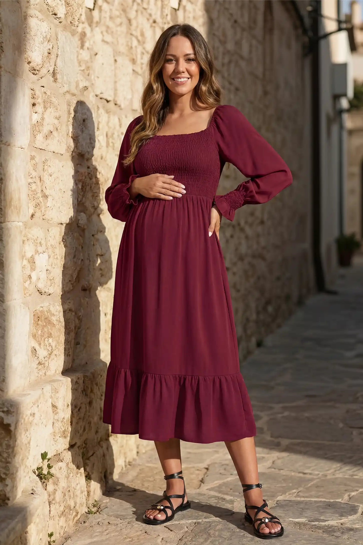Smocked square neck ruffle hem midi maternity dress in burgundy with elegant ruffle hem detail, on editorial lifestyle model