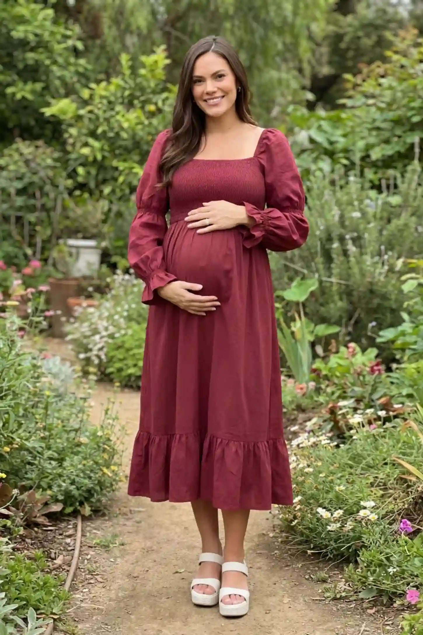 Smocked Square Neck Ruffle Hem Midi Maternity Dress Smocked square neck ruffle hem midi maternity dress in burgundy with soft smocked texture, on UGC model