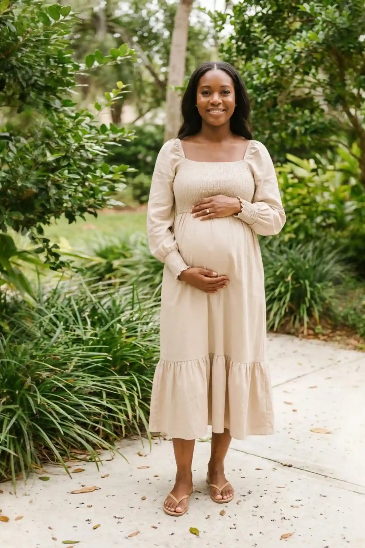 Smocked Square Neck Ruffle Hem Midi Maternity Dress Smocked square neck ruffle hem midi maternity dress in off-white with soft smocked texture, on UGC model