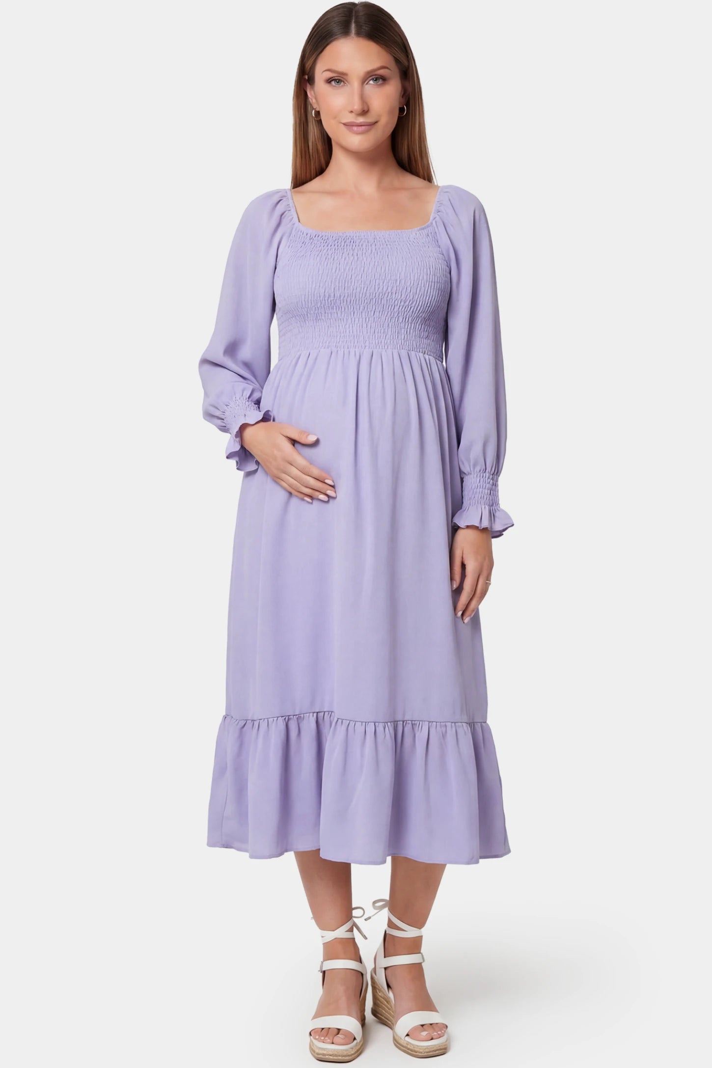Smocked Square Neck Ruffle Hem Midi Maternity Dress Smocked square neck ruffle hem midi maternity dress in purple featuring chic square neckline in front view on a pregnant model