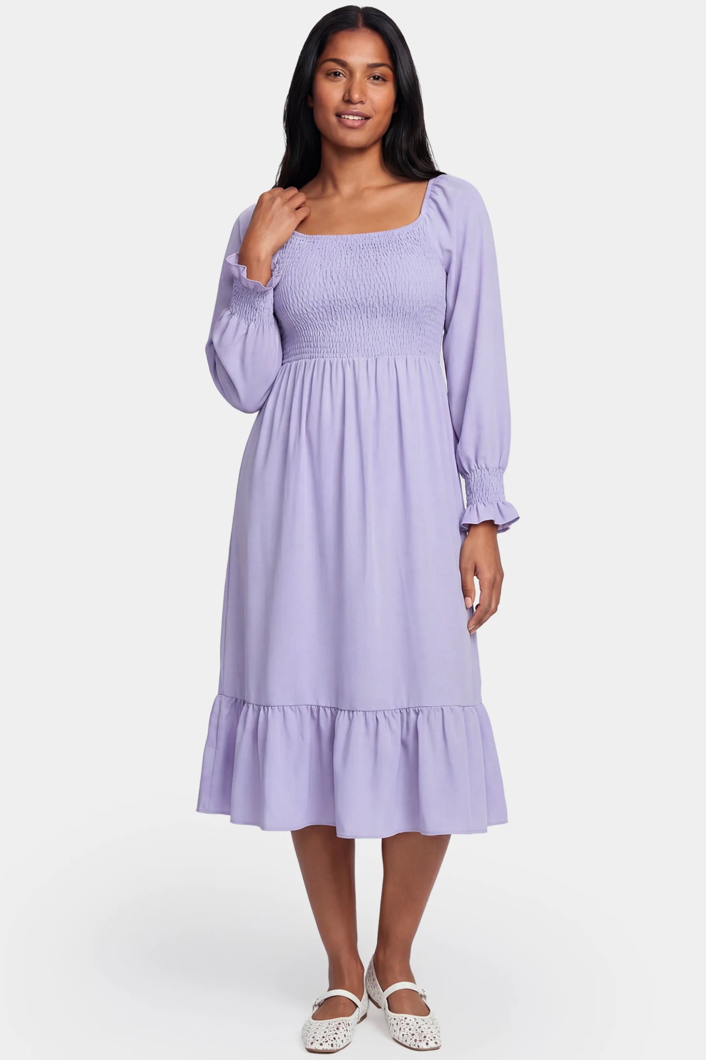 Smocked Square Neck Ruffle Hem Midi Maternity Dress Smocked square neck ruffle hem midi maternity dress in purple featuring long sleeves and square neck in front view on a postpartum model
