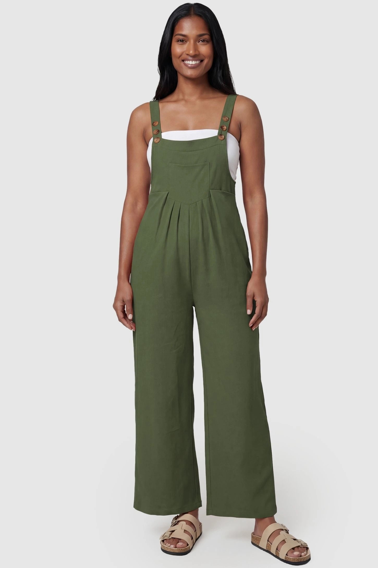 Full-Length Pocketed Maternity Jumpsuit Full-Length Pocketed Maternity Jumpsuit in Army Green featuring adjustable straps and a relaxed fit on a model, postpartum.
