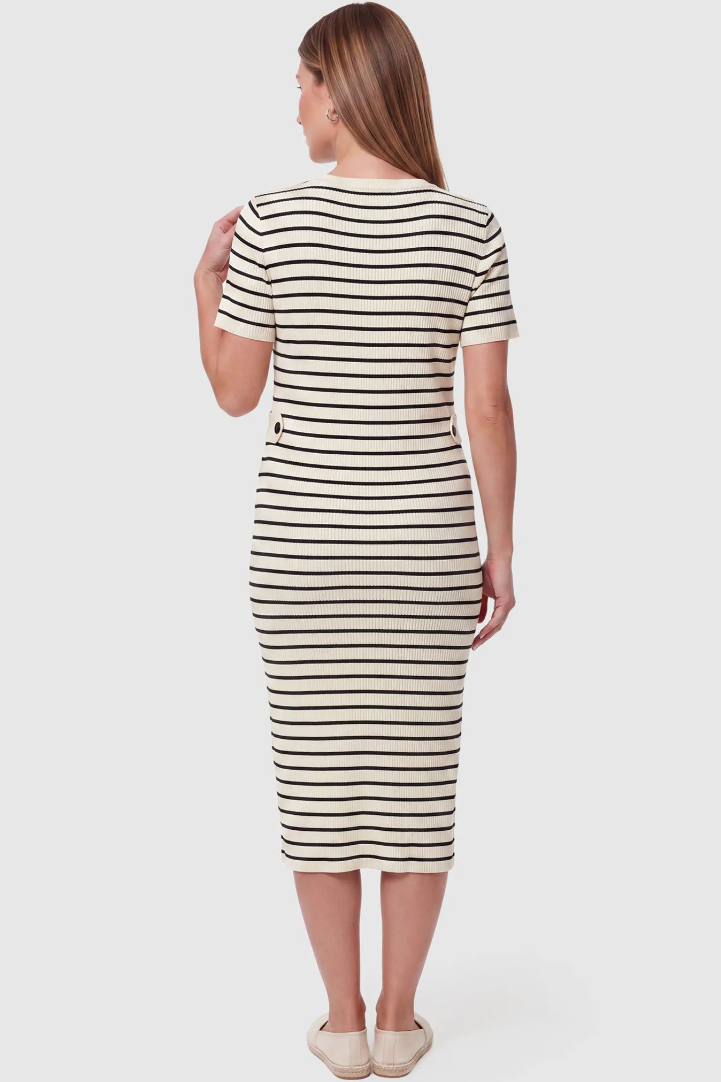 Soft Knit Short Sleeve Bodycon Maternity Midi Dress Soft Knit Short Sleeve Bodycon Maternity Midi Dress in beige stripes with classic stripes, back view on pregnant model