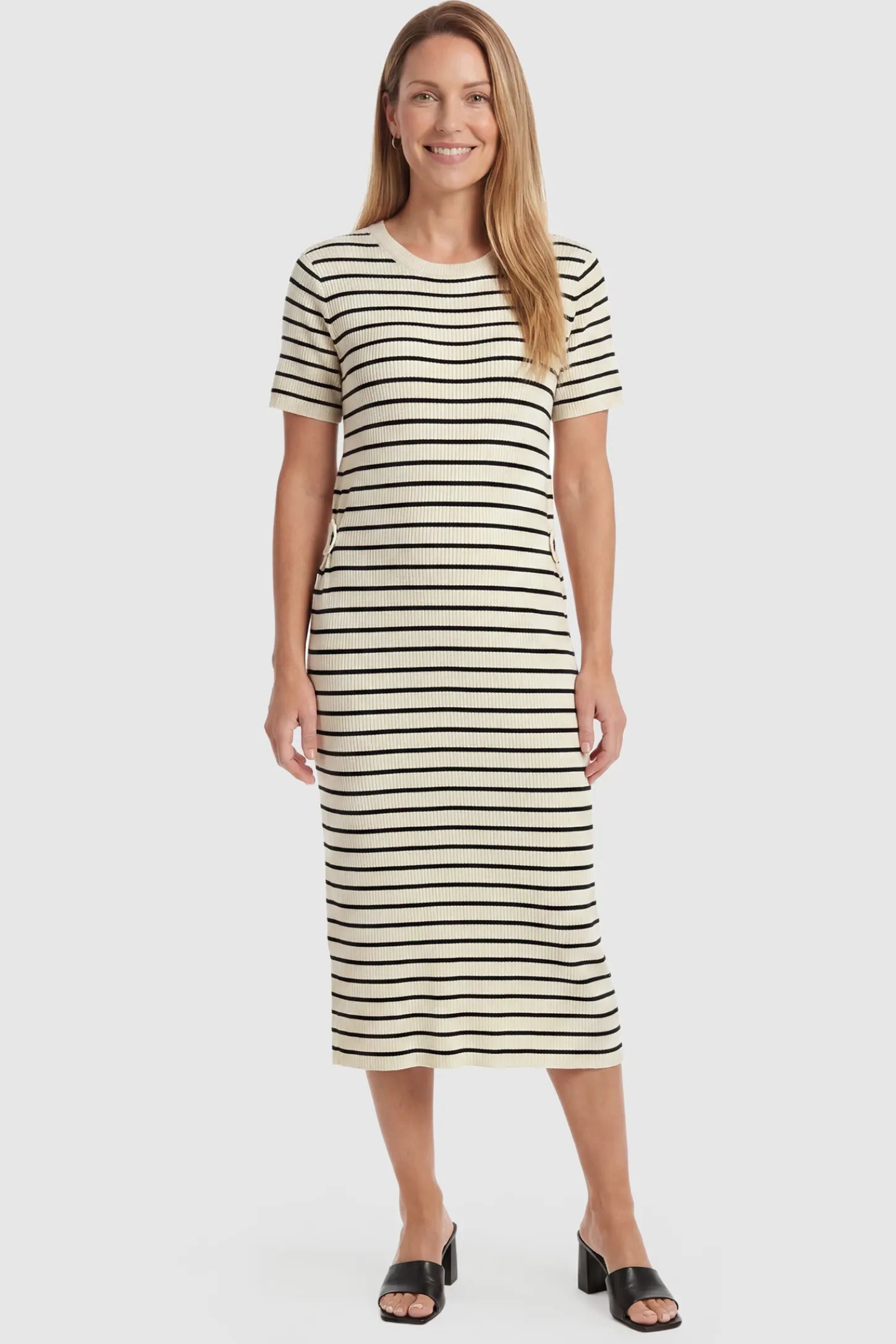 Soft Knit Short Sleeve Bodycon Maternity Midi Dress Soft Knit Short Sleeve Bodycon Maternity Midi Dress in beige stripes with classic stripes, front view on postpartum model