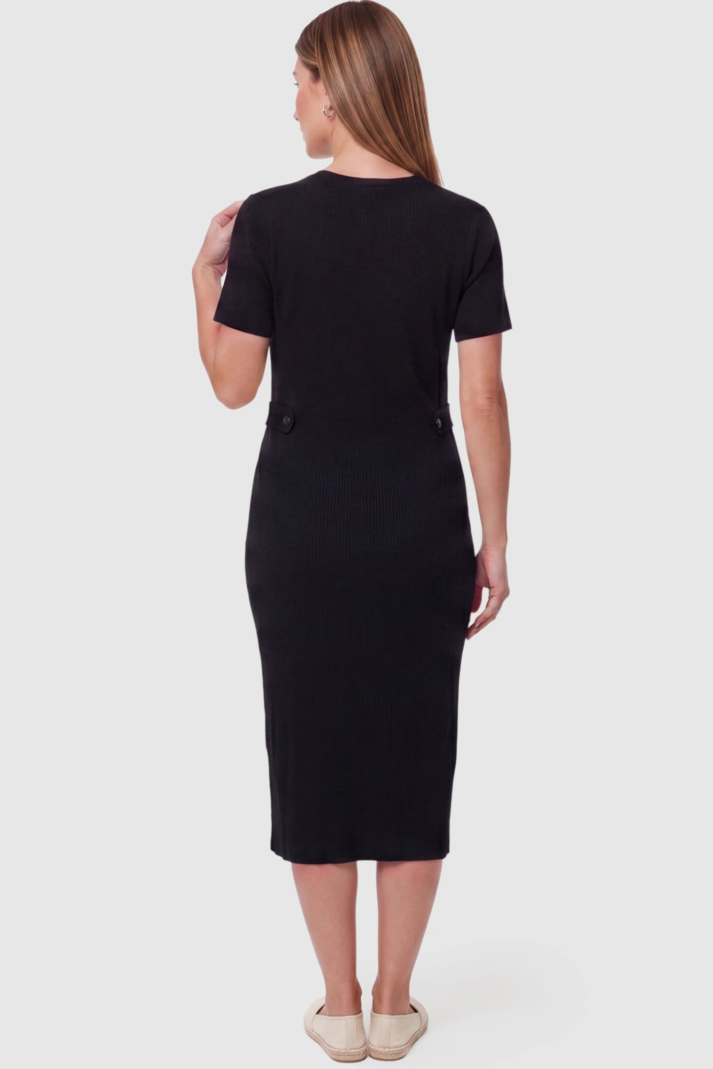Soft Knit Short Sleeve Bodycon Maternity Midi Dress Soft Knit Short Sleeve Bodycon Maternity Midi Dress in black with short sleeves, back view on pregnant model
