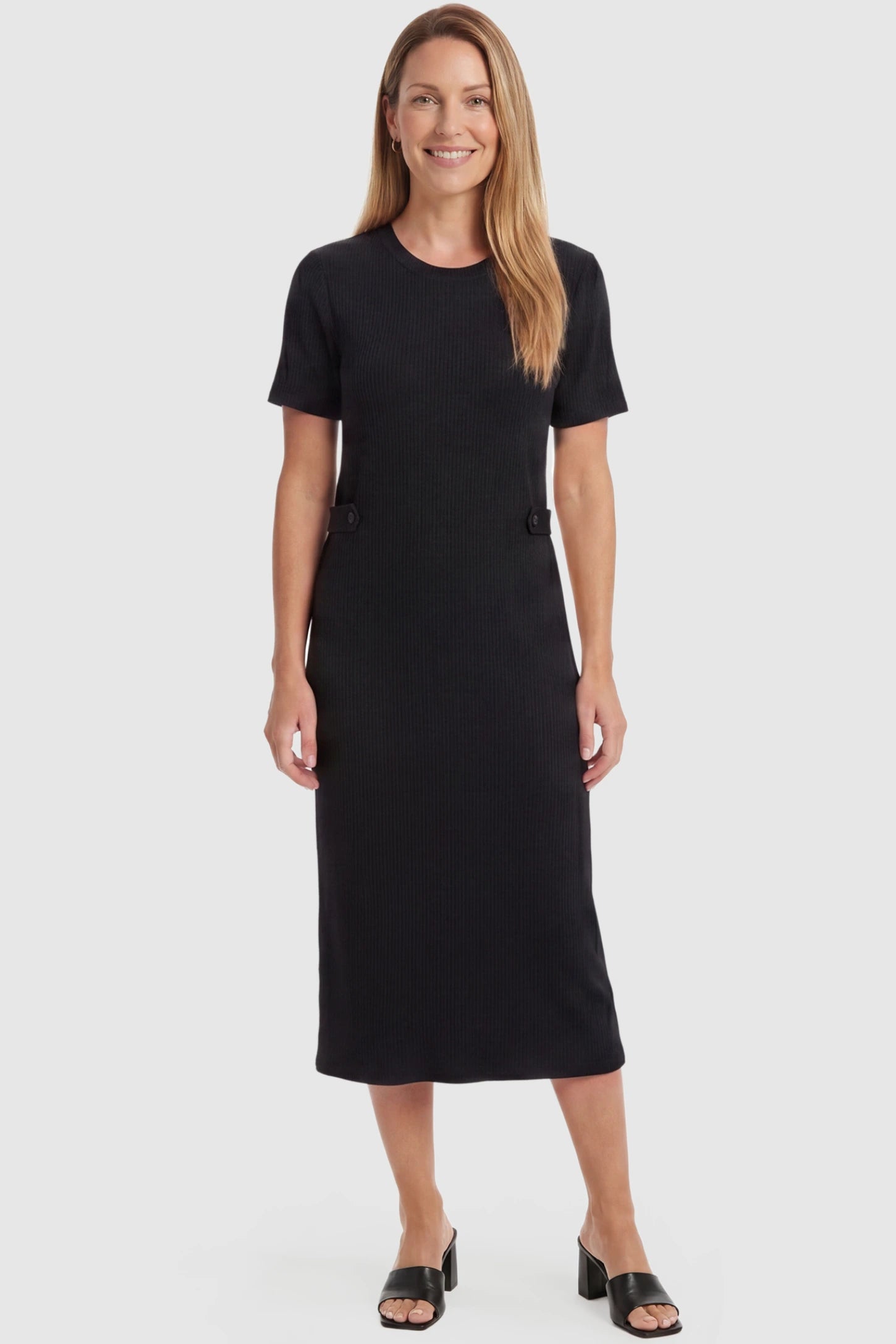 Soft Knit Short Sleeve Bodycon Maternity Midi Dress Soft Knit Short Sleeve Bodycon Maternity Midi Dress in black with round neck & short sleeves, front view on postpartum model
