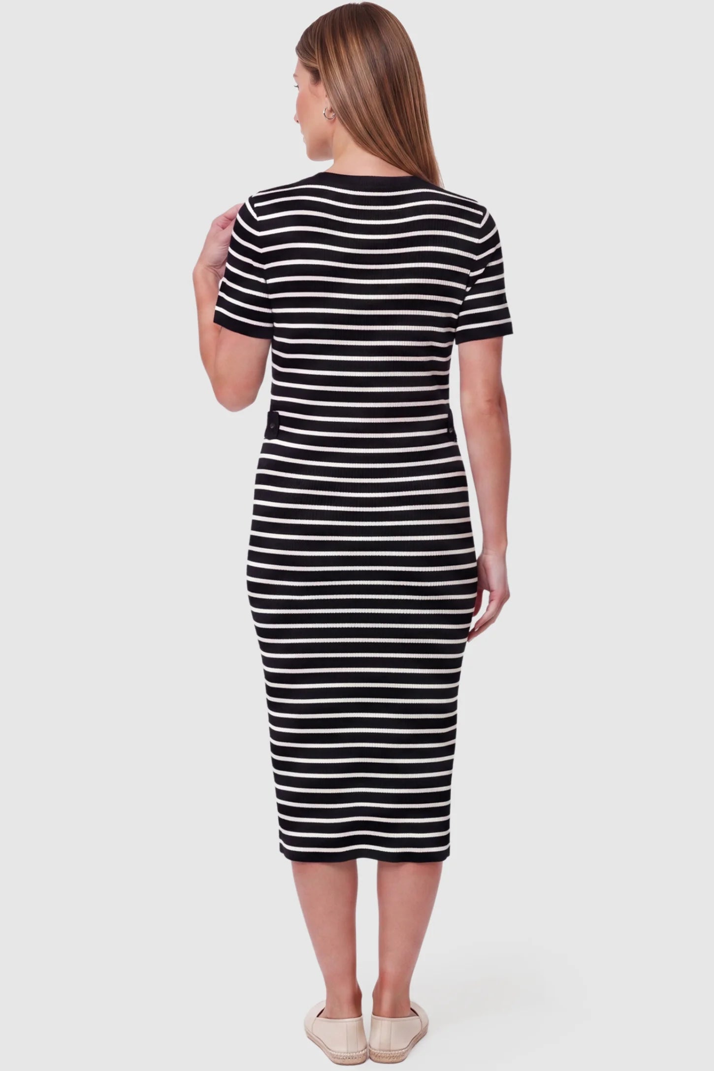 Soft Knit Short Sleeve Bodycon Maternity Midi Dress Soft Knit Short Sleeve Bodycon Maternity Midi Dress in black stripes with classic stripes, back view on pregnant model