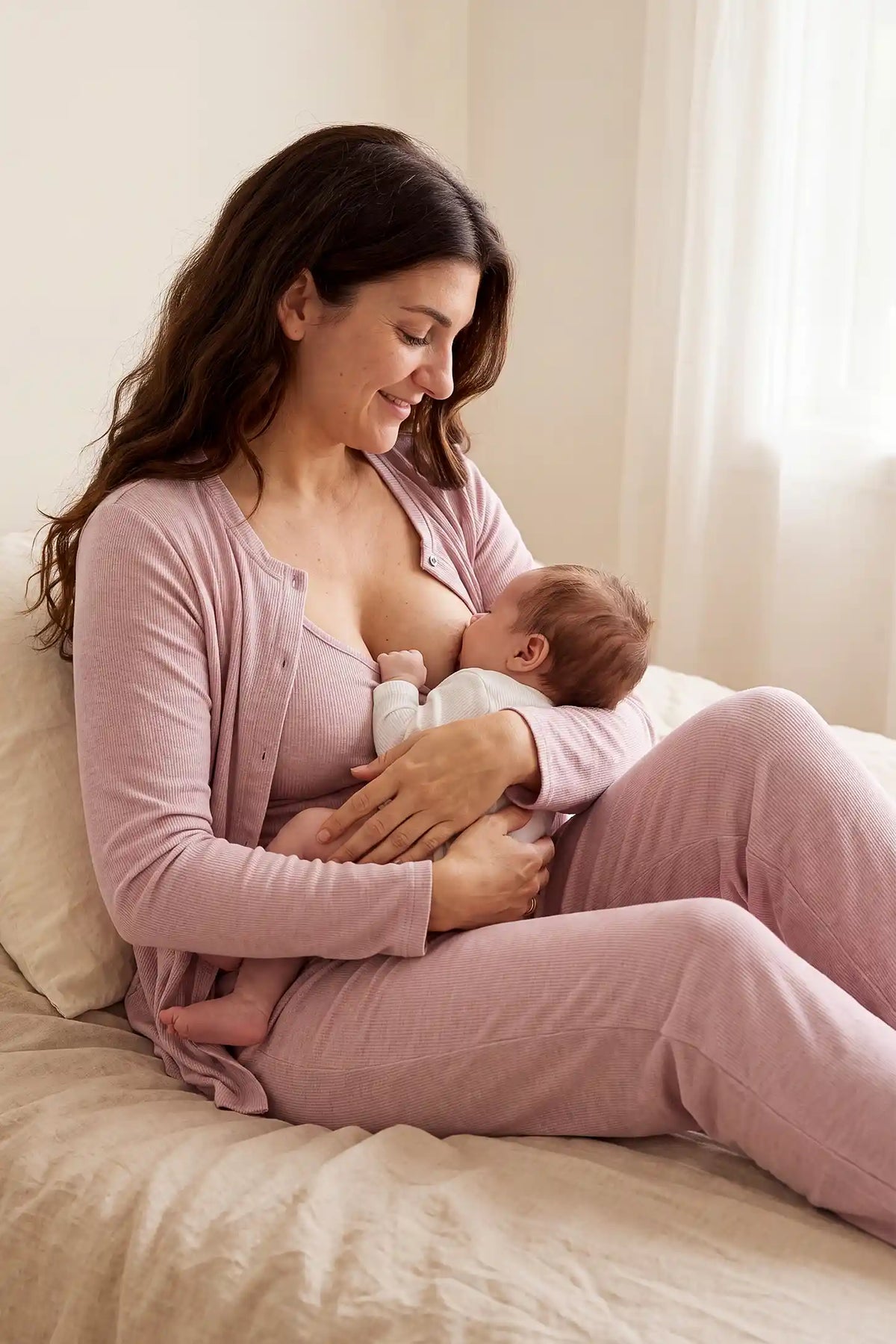 Soft Rib Knit Maternity & Nursing PJ Set with Cami, Cardigan & Pants Soft Rib Knit Maternity & Nursing Pajama Set with Cami, Cardigan & Pants in Soft Pink featuring comfortable long sleeve cardigan, gentle bump support, and cozy nursing sleepwear style on a pregnant model in a bedroom setting.