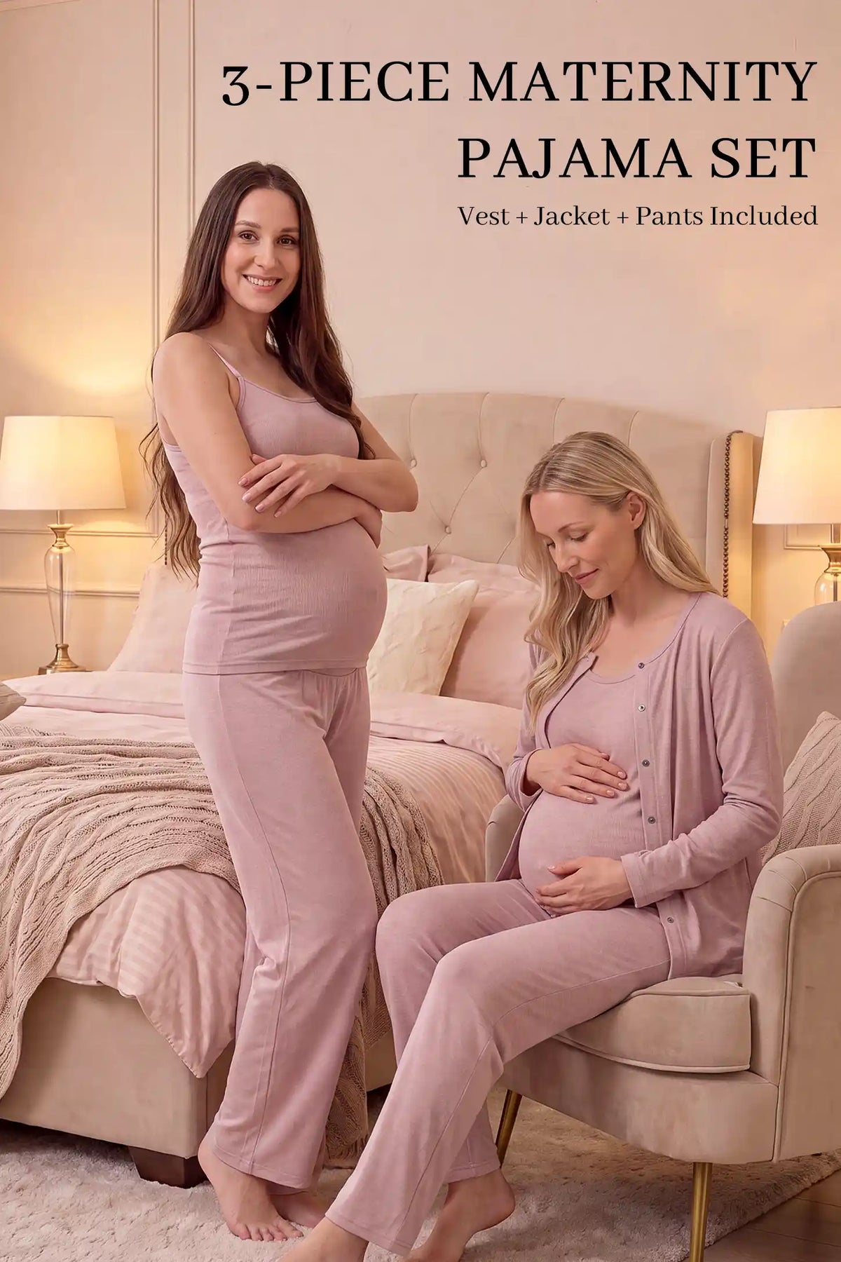 Soft Rib Knit Maternity & Nursing PJ Set with Cami, Cardigan & Pants Soft pink 3-piece rib knit maternity and nursing pajama set featuring a cami with fixed bust pads, adjustable waistband pants, and a matching cardigan with rounded buttons. Shown on two pregnant models in a bedroom setting.