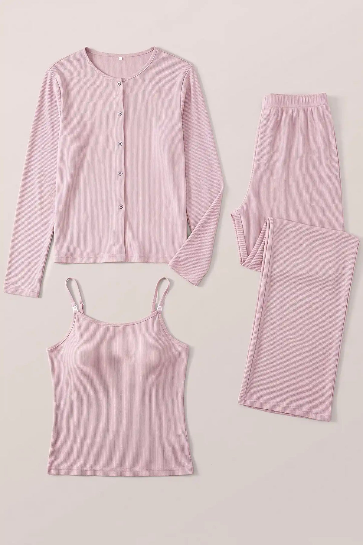 Soft Rib Knit Maternity & Nursing PJ Set with Cami, Cardigan & Pants Soft Rib Knit Maternity & Nursing Pajama Set with Cami, Cardigan & Pants in Soft Pink featuring matching long sleeve cardigan, rib knit cami top, full-length pajama pants, soft strap details, and clean stitching displayed in a flat lay view.