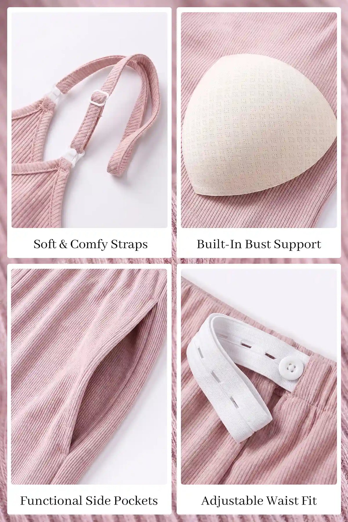 Soft Rib Knit Maternity & Nursing PJ Set with Cami, Cardigan & Pants Soft Rib Knit Maternity & Nursing Pajama Set with Cami, Cardigan & Pants in Soft Pink featuring close-up details of built-in fixed bust pads, soft strap detail, and fine rib-knit texture.
