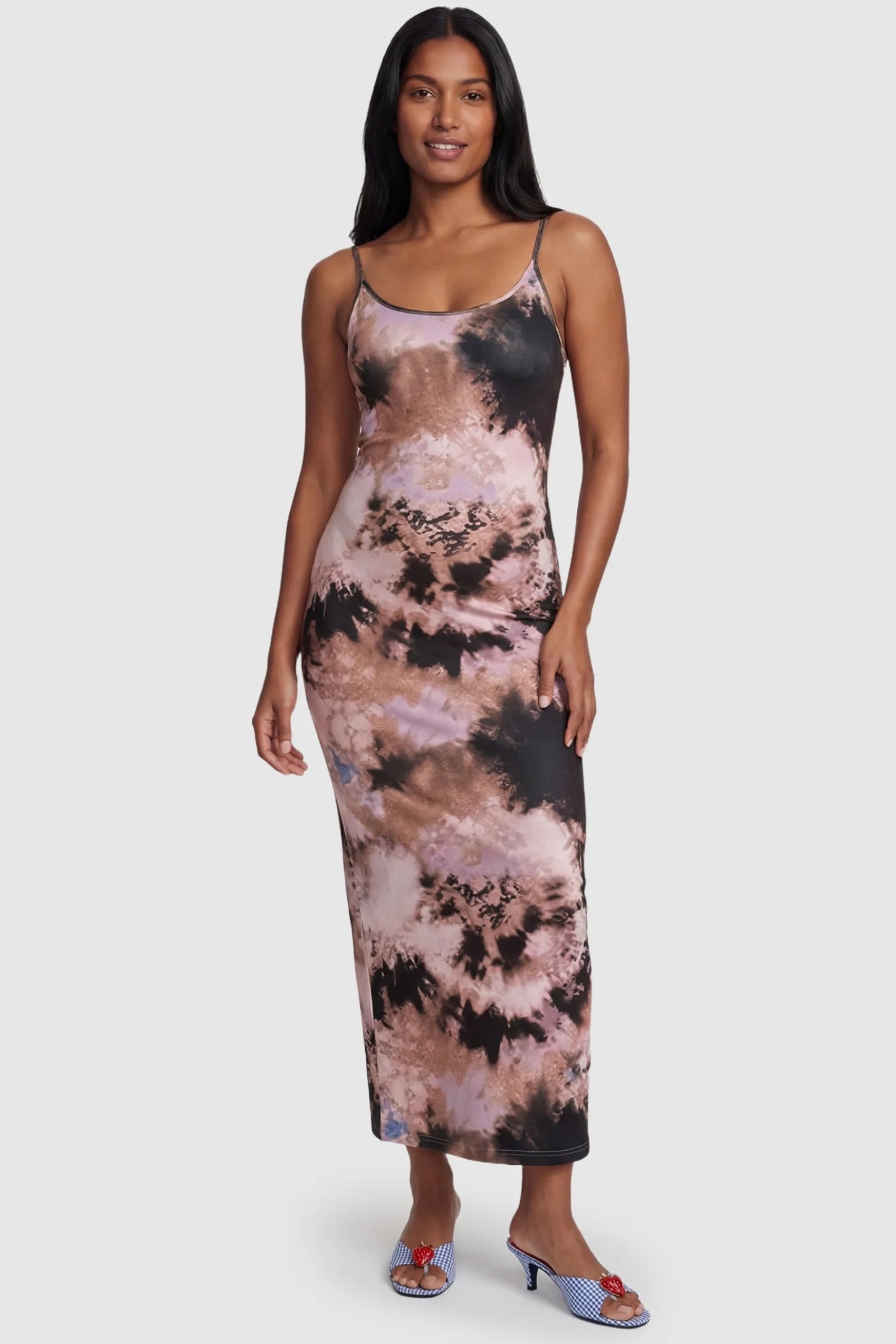 Tie Dye Spaghetti Strap Bodycon Maternity Dress Tie Dye Spaghetti Strap Bodycon Maternity Dress in Pinkish Tie-dye featuring a full-length slim fitting front-facing fit on a non-pregnant model.