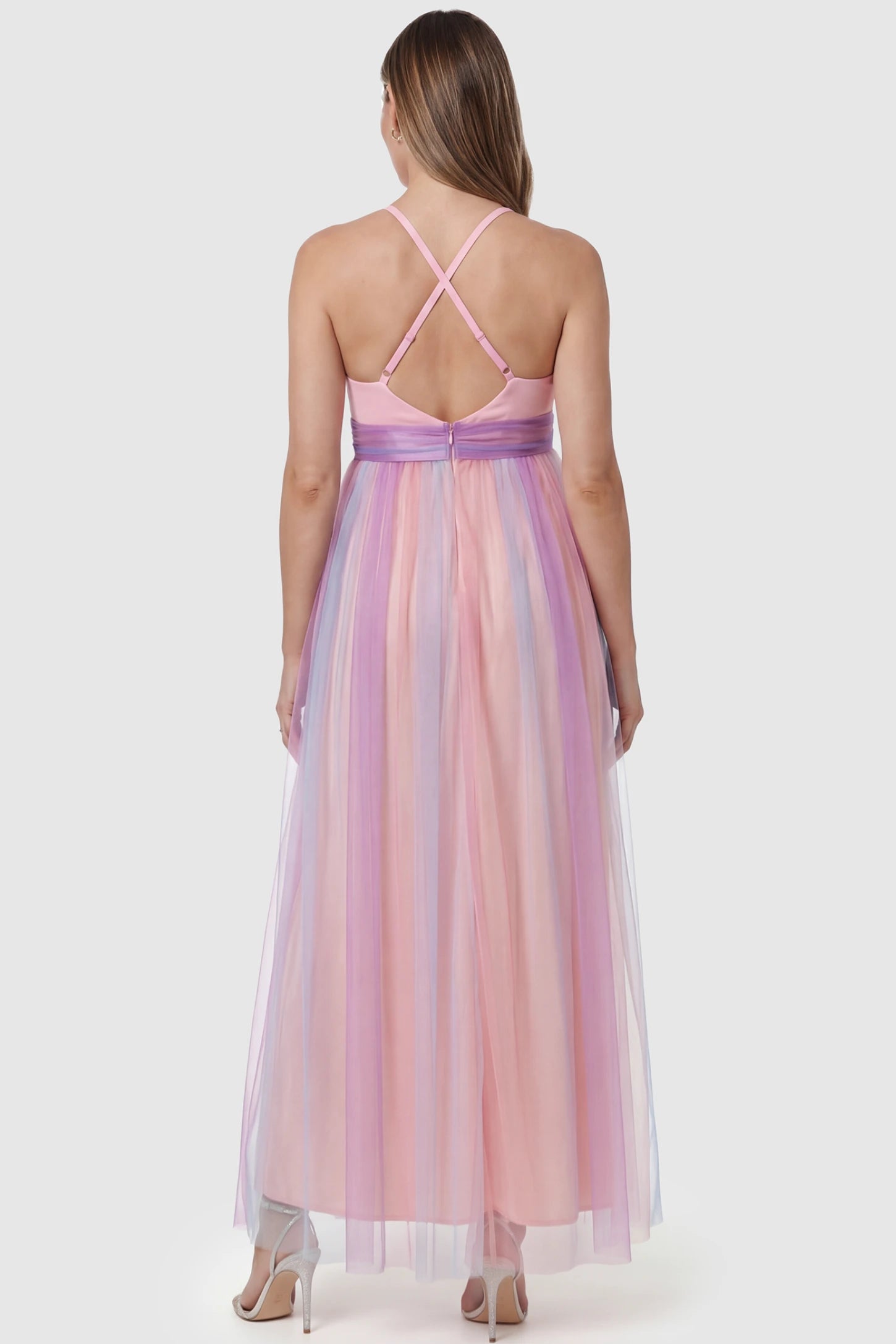 Rainbow Gradient Deep V-Neck Maternity Dress Rainbow Gradient Deep V-Neck Maternity Dress in gradient tulle featuring crossover back and empire waist on a pregnant model. back view