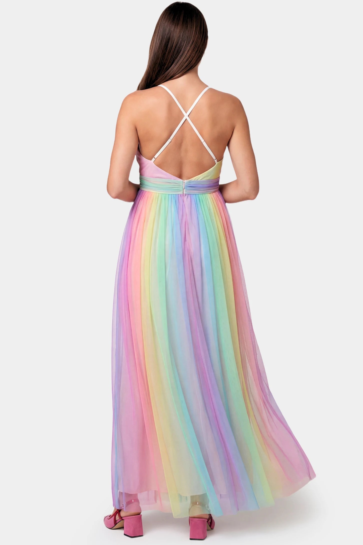 Rainbow Gradient Deep V-Neck Maternity Gown Rainbow Gradient Deep V-Neck Maternity Gown in gradient tulle featuring cross back and empire waist on a pregnant model.