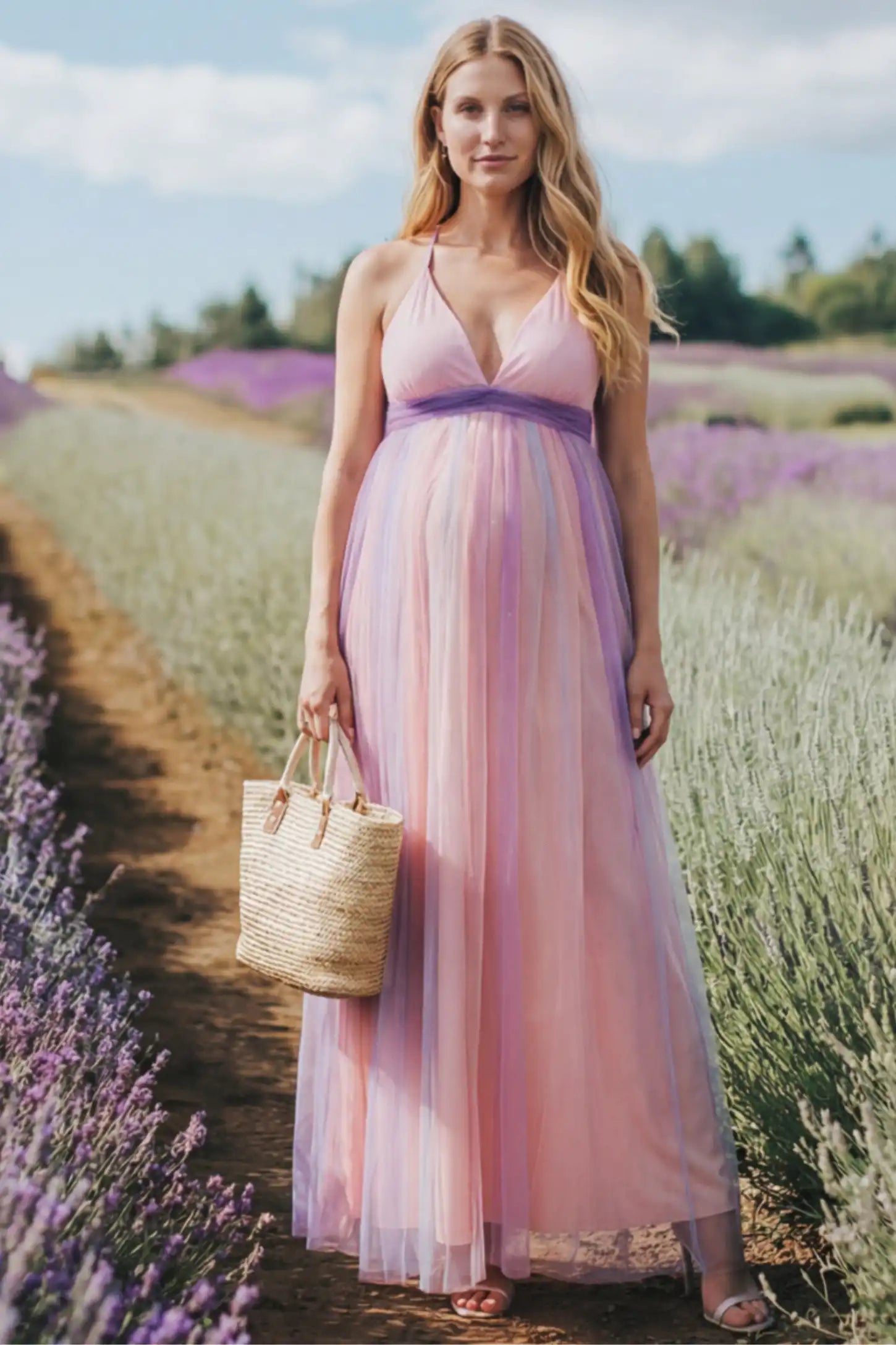 Rainbow Gradient Deep V-Neck Maternity Dress Rainbow Gradient Deep V-Neck Maternity Dress in gradient tulle featuring crossover bodice and empire waist on a pregnant model. front view