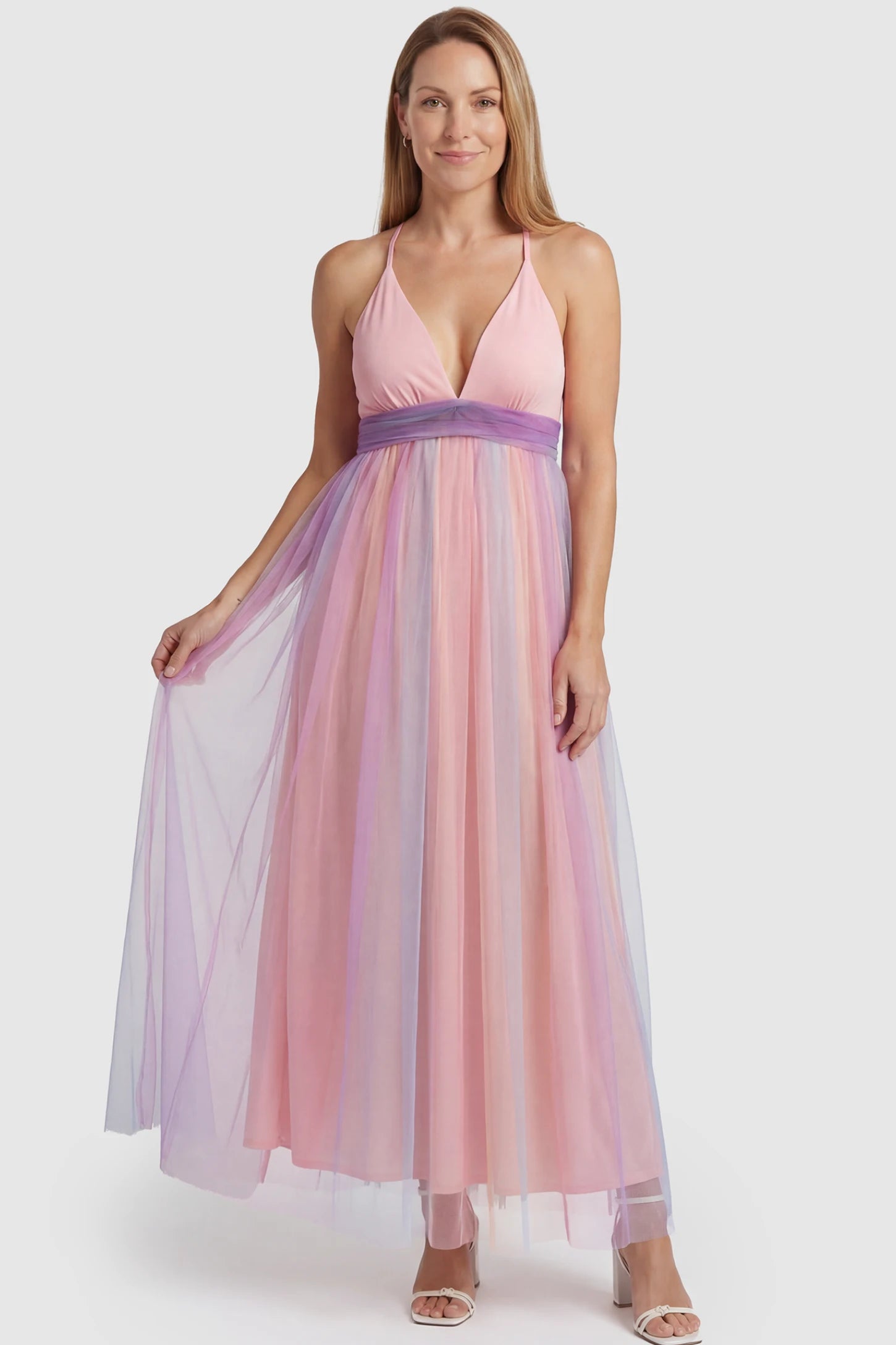 Rainbow Gradient Deep V-Neck Maternity Dress Rainbow Gradient Deep V-Neck Maternity Dress in gradient tulle featuring crossover bodice and empire waist on a non pregnant model.