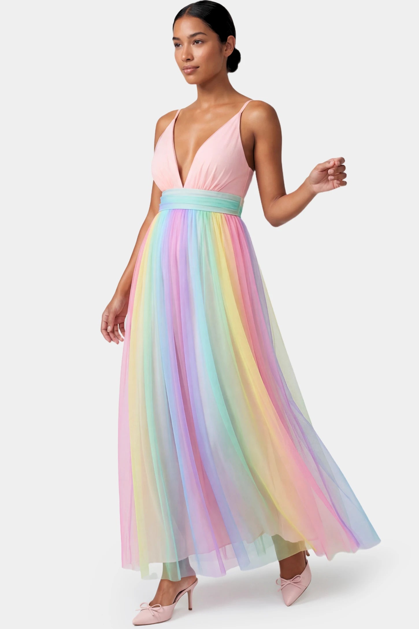 Rainbow Gradient Deep V-Neck Maternity Gown Rainbow Gradient Deep V-Neck Maternity Gown in gradient tulle featuring crossover bodice and empire waist on a non pregnant model.