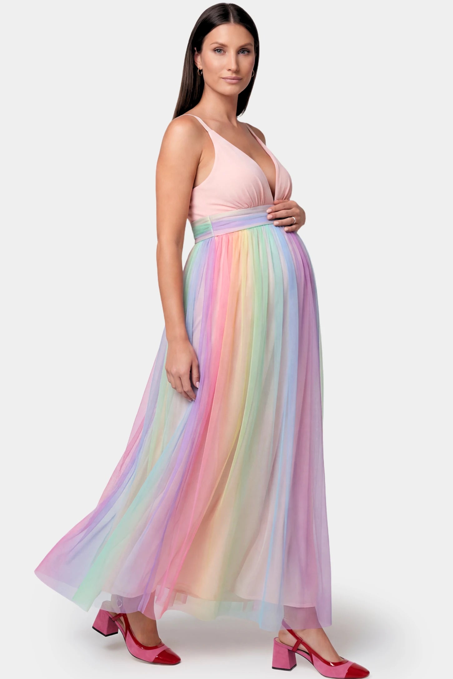 Rainbow Gradient Deep V-Neck Maternity Gown in gradient tulle featuring crossover bodice and empire waist on a pregnant model.