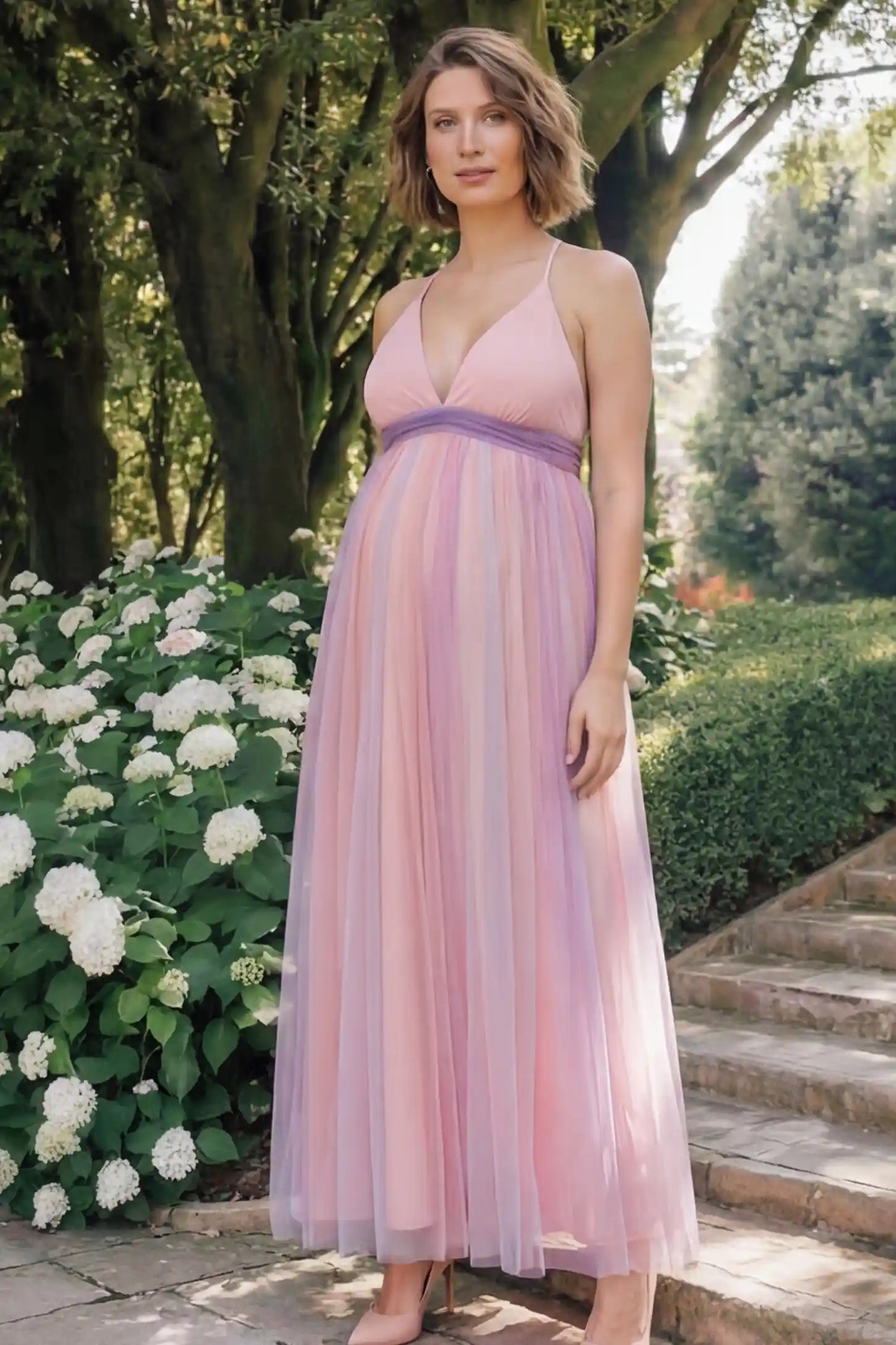 Rainbow Gradient Deep V-Neck Maternity Dress Rainbow Gradient Deep V-Neck Maternity Dress in gradient tulle featuring crossover bodice and empire waist on a pregnant model. front view