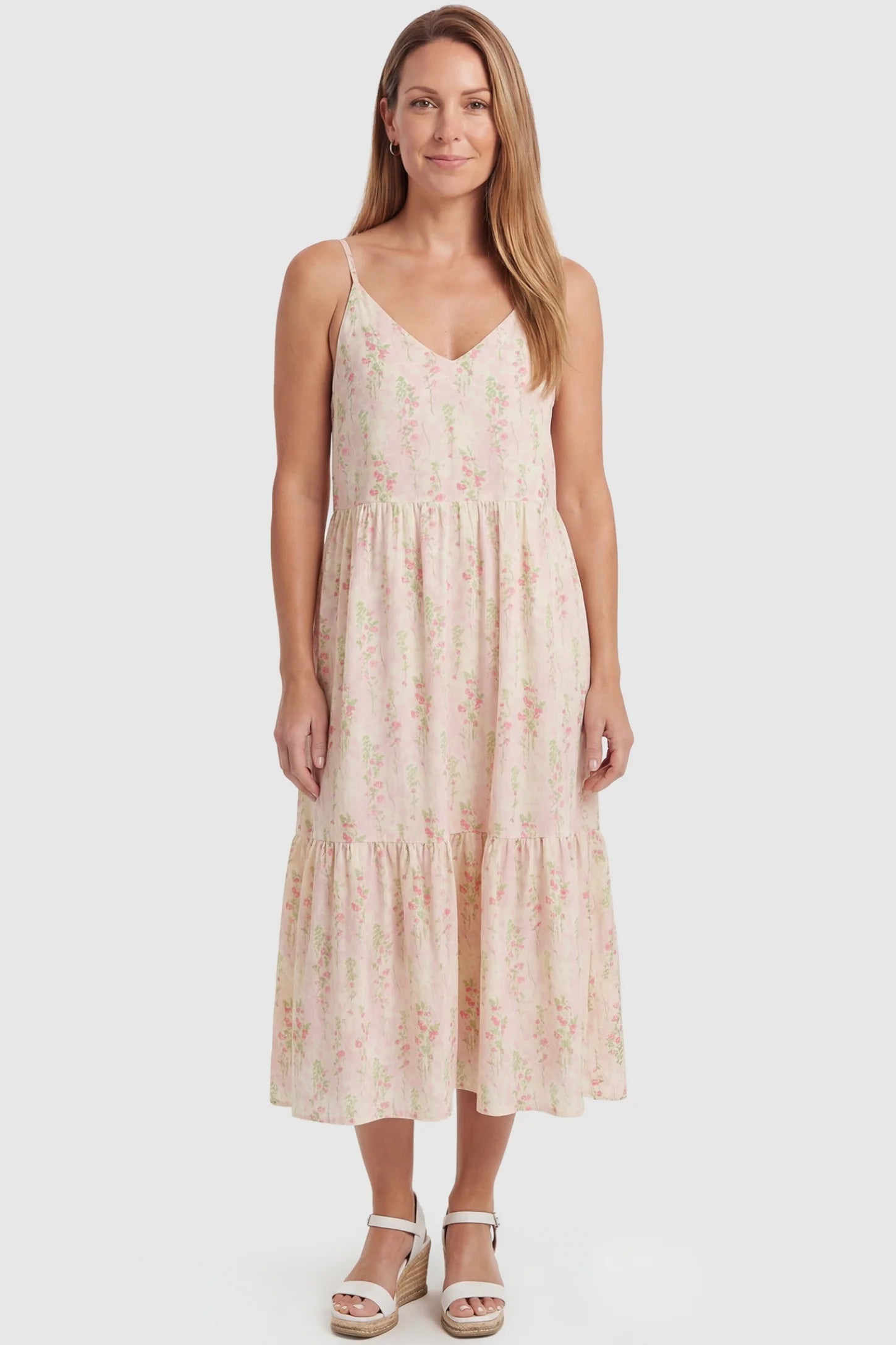 Pink White Ditsy Floral V-Neck Tiered Maxi Maternity Dress Pink White Ditsy Floral V-Neck Tiered Maxi Maternity Dress featuring a flowy silhouette on a non-pregnant model.