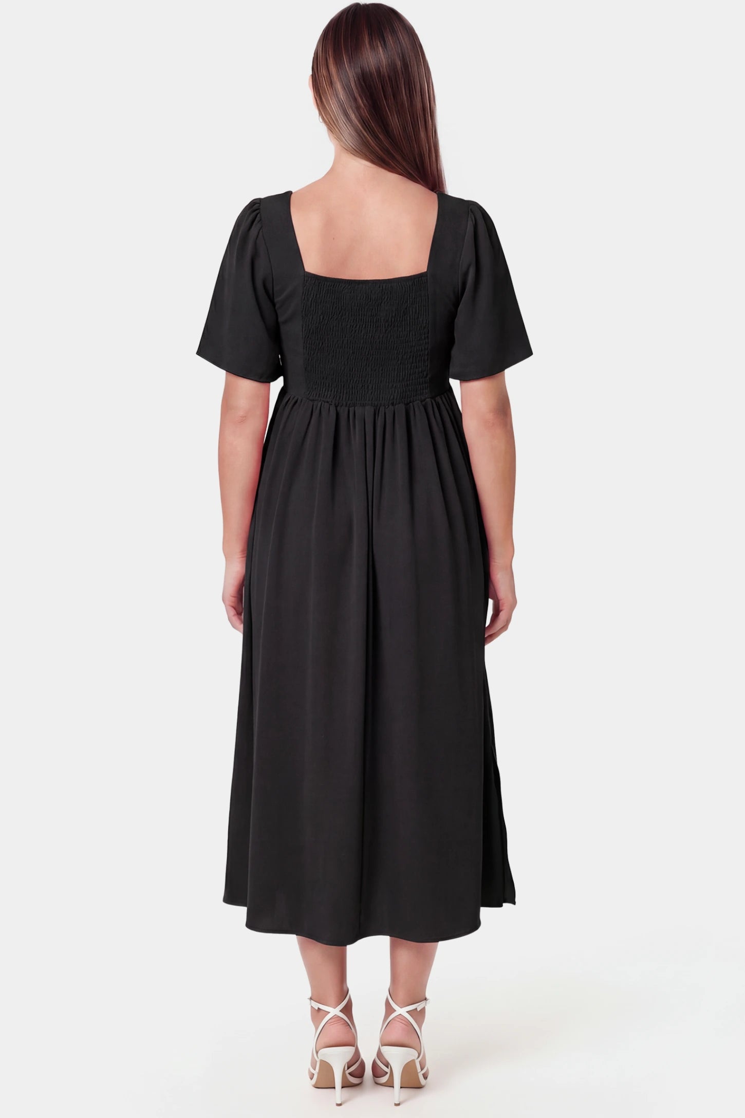 Square Neck Short Sleeve Large Swing Midi Maternity Dress Square neck short sleeve large swing midi maternity dress in black featuring relaxed drape in back view on a pregnant model