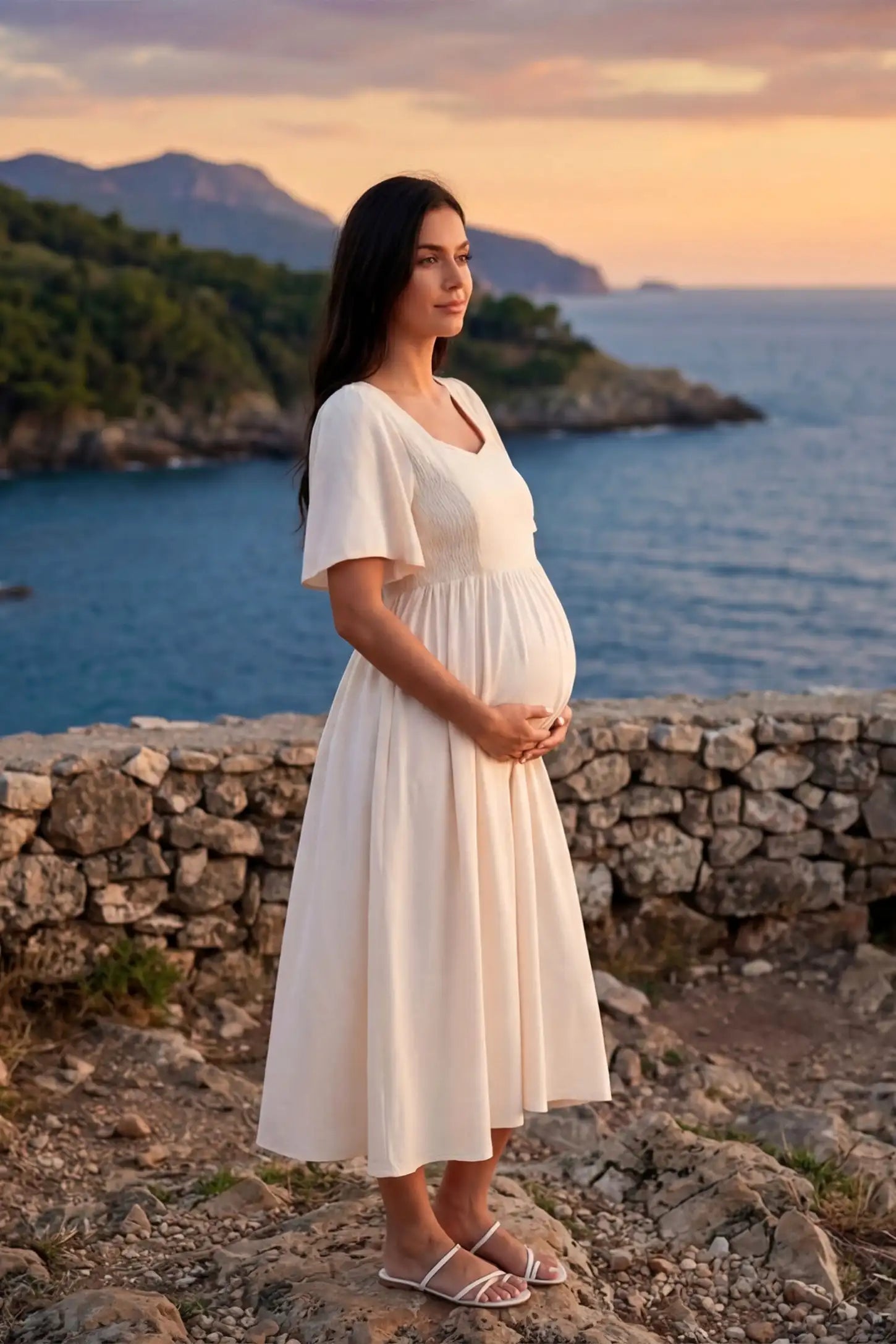 Square Neck Short Sleeve Large Swing Midi Maternity Dress Square neck short sleeve large swing midi maternity dress in ivory white featuring flowing silhouette in full body view on a editorial lifestyle model