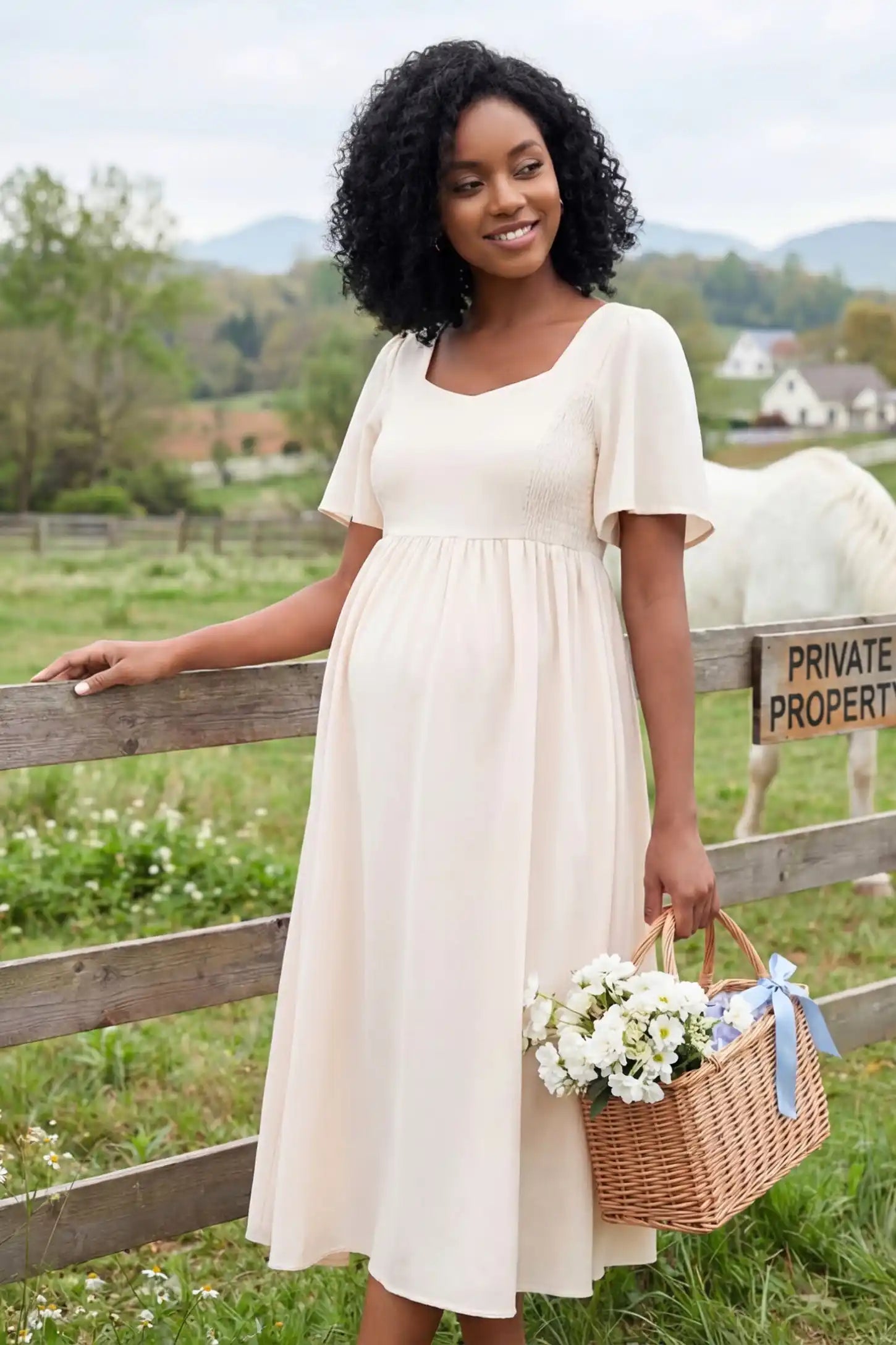 Square Neck Short Sleeve Large Swing Midi Maternity Dress Square neck short sleeve large swing midi maternity dress in ivory white featuring flowing silhouette in full body view on a UGC model