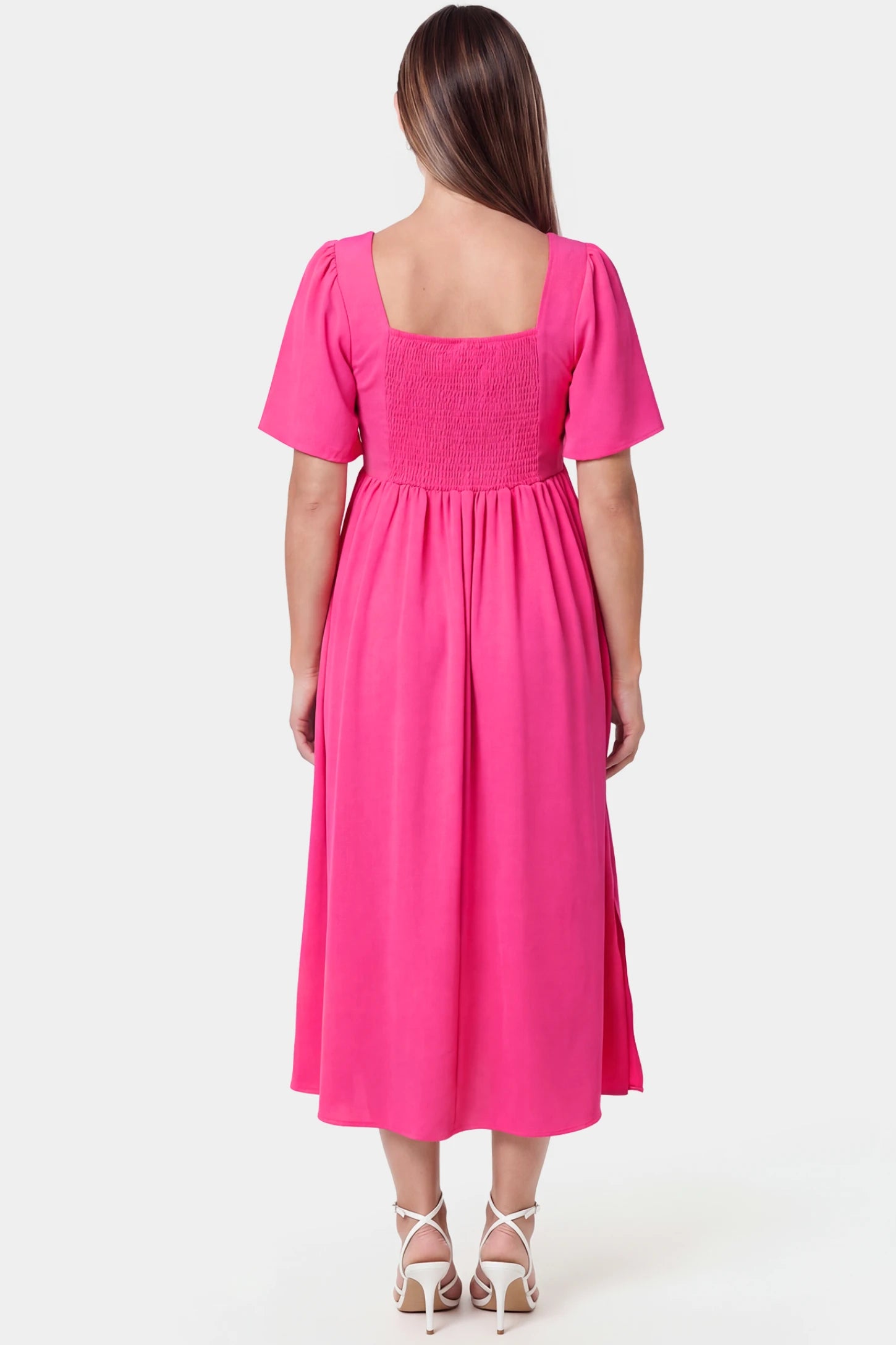 Square Neck Short Sleeve Large Swing Midi Maternity Dress Square neck short sleeve large swing midi maternity dress in rose red featuring relaxed drape in back view on a pregnant model