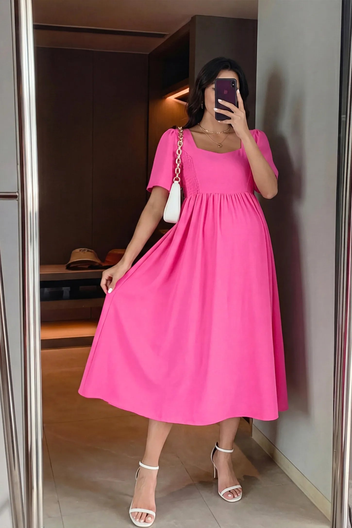 Square Neck Short Sleeve Large Swing Midi Maternity Dress Square neck short sleeve large swing midi maternity dress in rose red featuring flowing silhouette in full body view on a UGC model