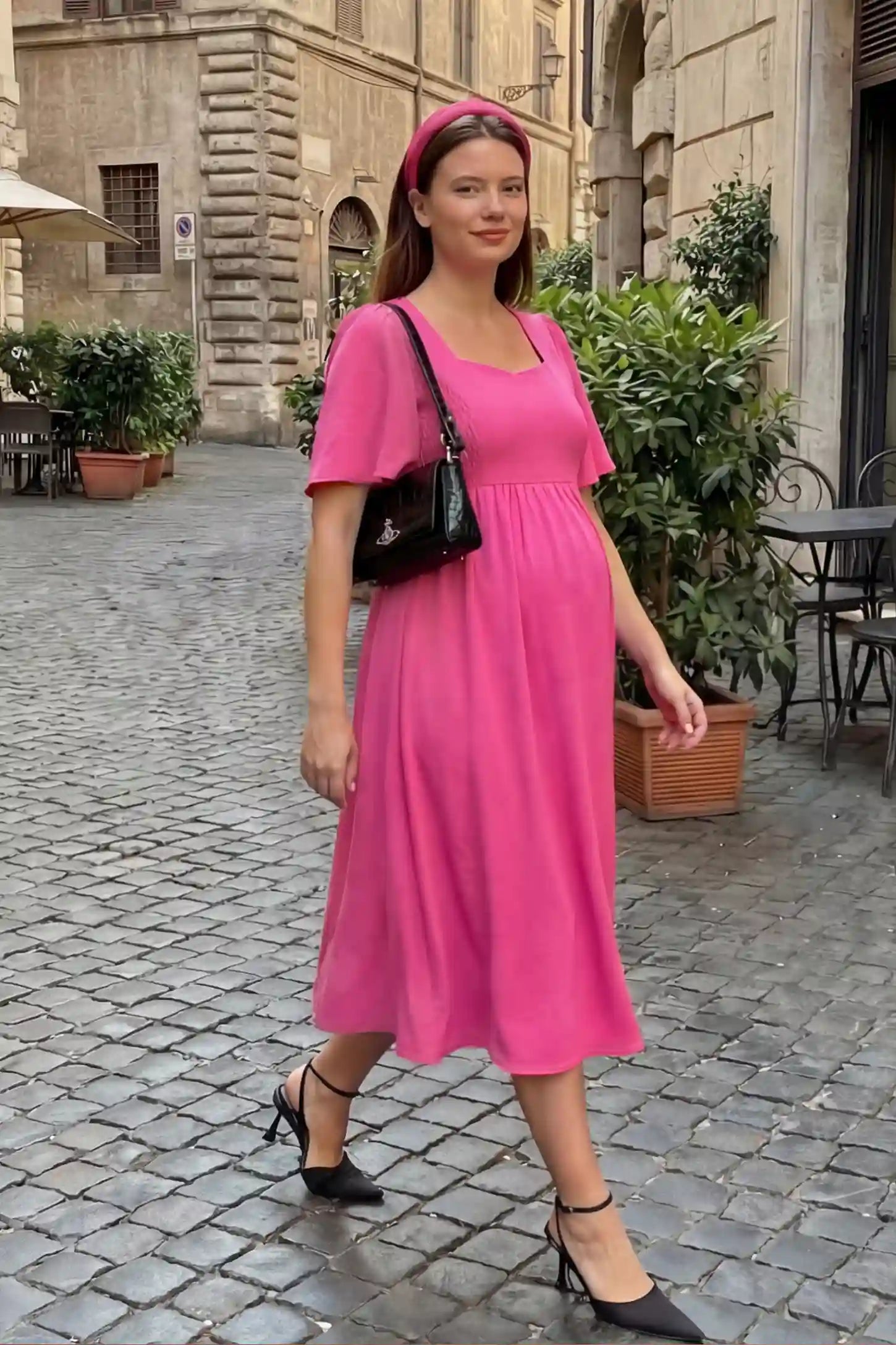 Square Neck Flutter Sleeve A-Line Maternity Midi Dress Square Neck Flutter Sleeve A-Line Maternity Midi Dress in rose red featuring flowing silhouette in full body view on a UGC model