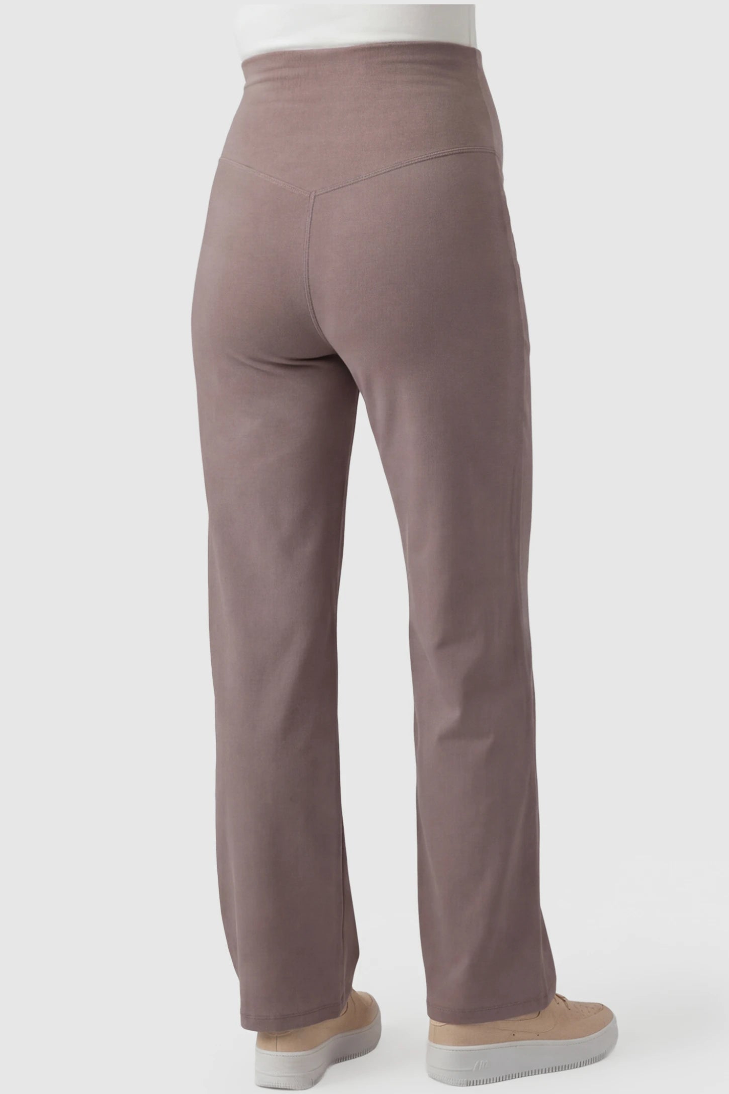 High-Waisted Straight-Leg Maternity Pants High Waisted Straight-Leg Maternity Pants in brown featuring over-the-belly support and standard length fit on pregnant model back view.
