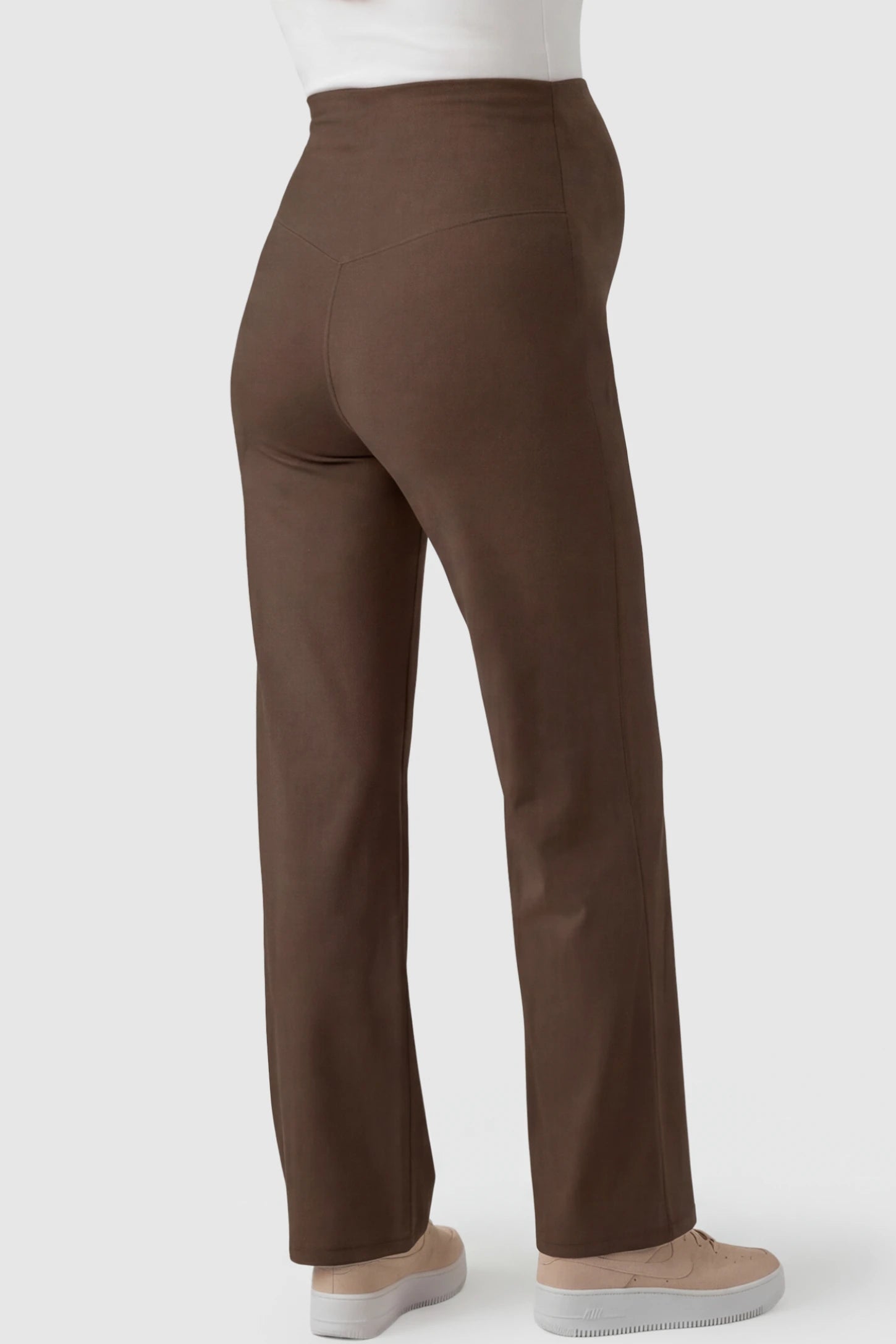High-Waisted Straight-Leg Maternity Pants High Waisted Straight-Leg Maternity Pants in Coffee Brown featuring over-the-belly support and standard length fit on pregnant model back view.