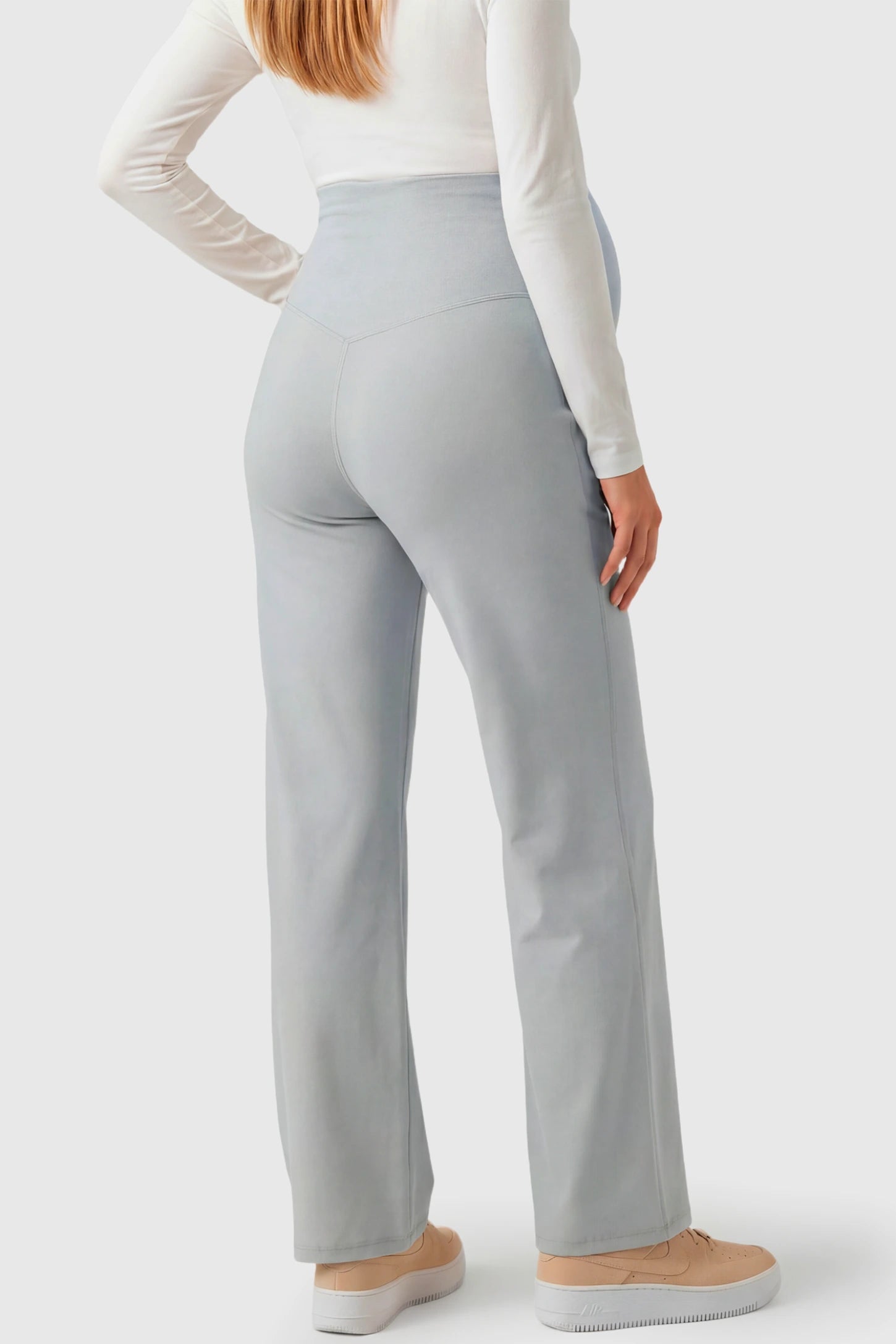 High-Waisted Straight-Leg Maternity Pants High Waisted Straight-Leg Maternity Pants in grandma gray featuring over-the-belly support and standard length fit on pregnant model.