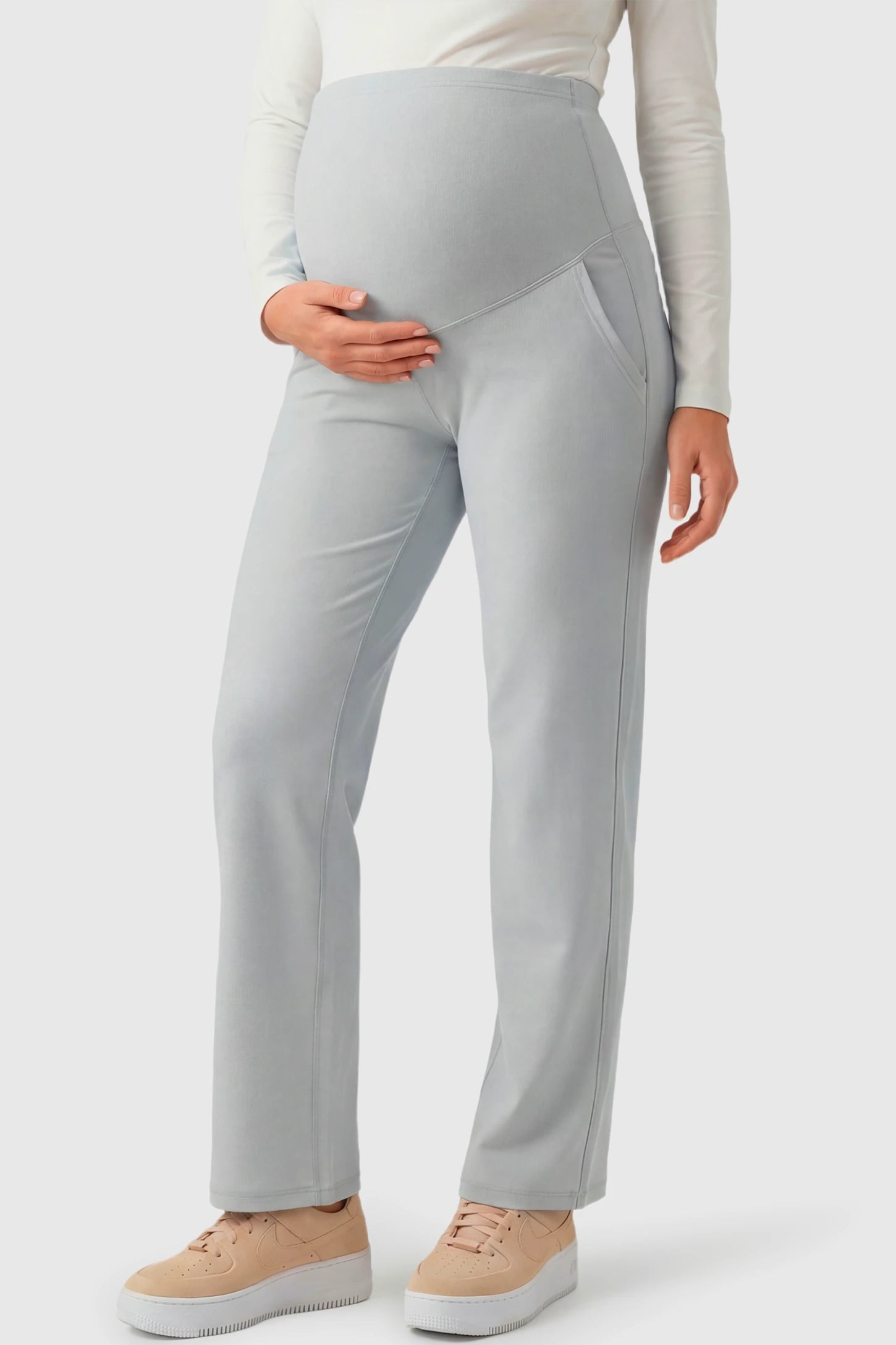 High-Waisted Straight-Leg Maternity Pants High Waisted Straight-Leg Maternity Pants in grandma gray featuring over-the-belly support and standard length fit on pregnant model.