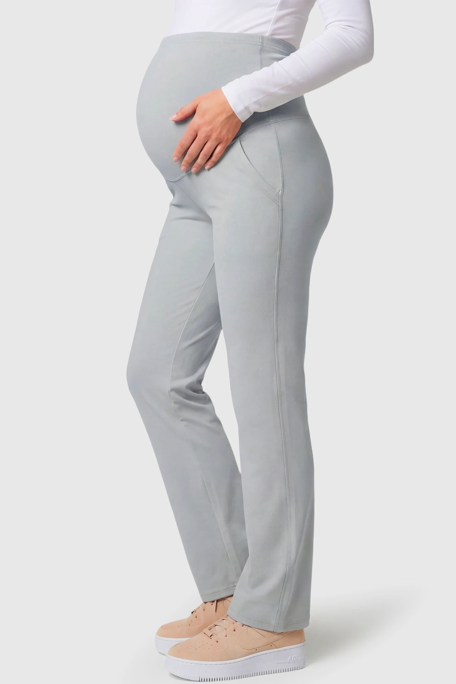 High-Waisted Straight-Leg Maternity Pants High Waisted Straight-Leg Maternity Pants in grandma gray featuring over-the-belly support and standard length fit on pregnant model.