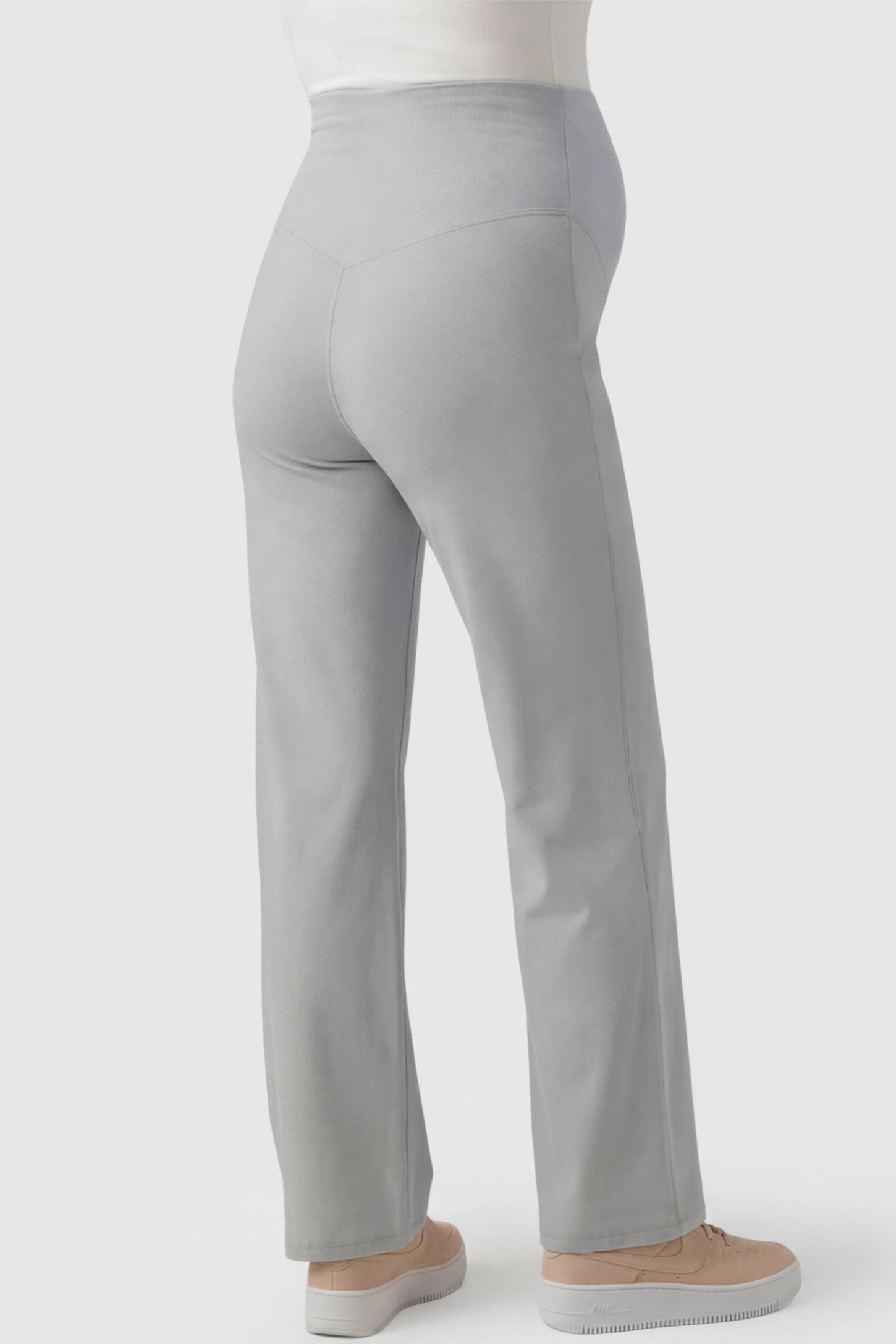 High-Waisted Straight-Leg Maternity Pants High Waisted Straight-Leg Maternity Pants in Grandma Gray featuring over-the-belly support and standard length fit on pregnant model back view.